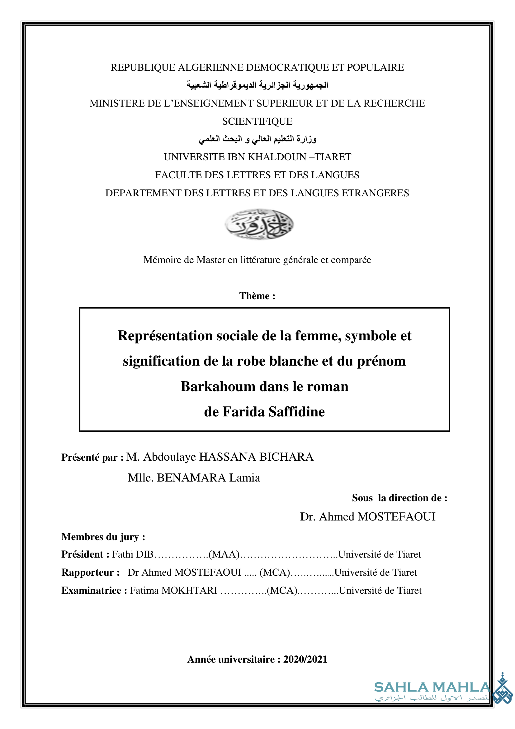 Représentation sociale de la femme, symbole et signification de la robe blanche et du prénom Barkahoum dans le roman de Farida Saffidine