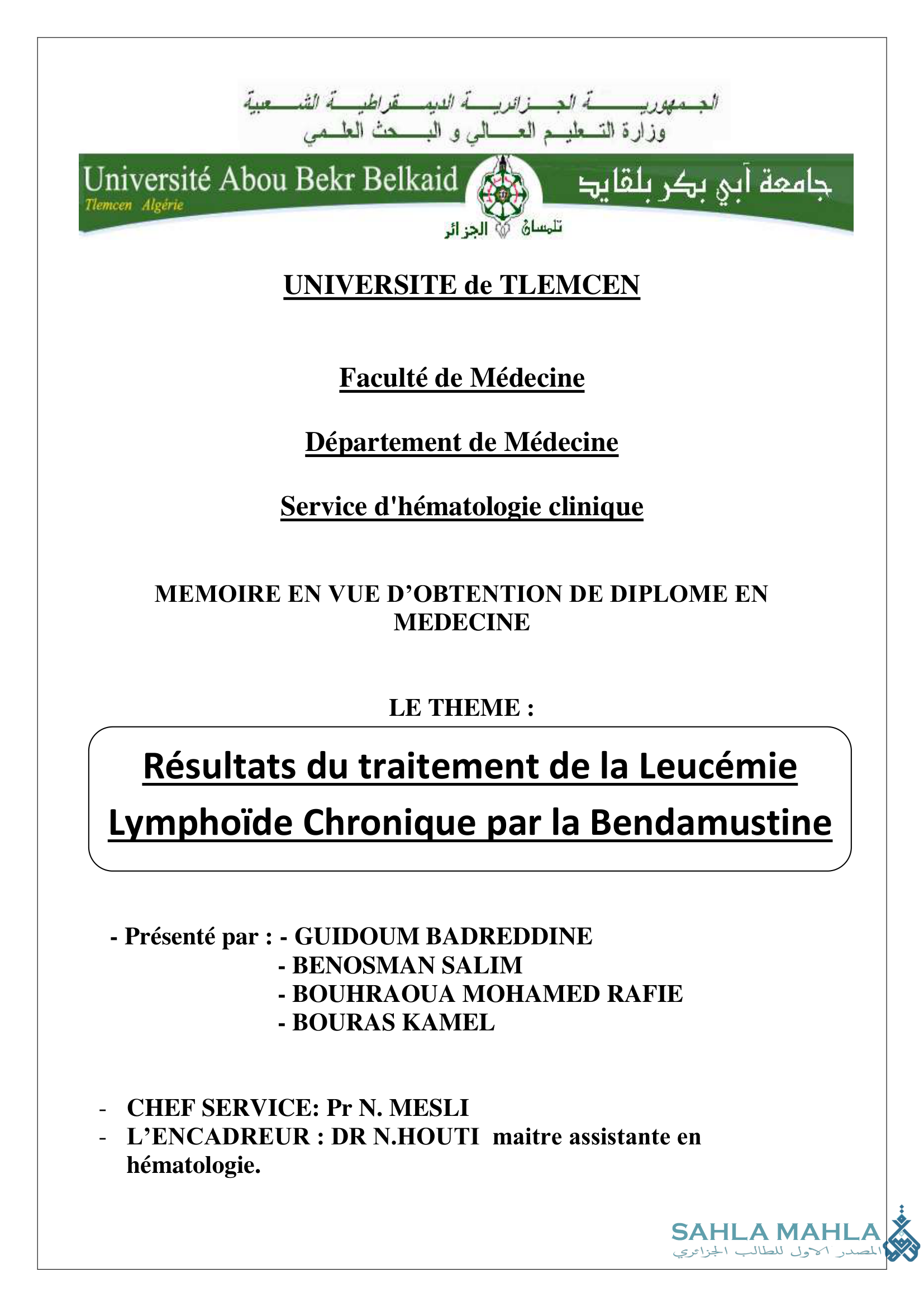 Résultats du traitement de la Leucémie Lymphoïde Chronique par la Bendamustine