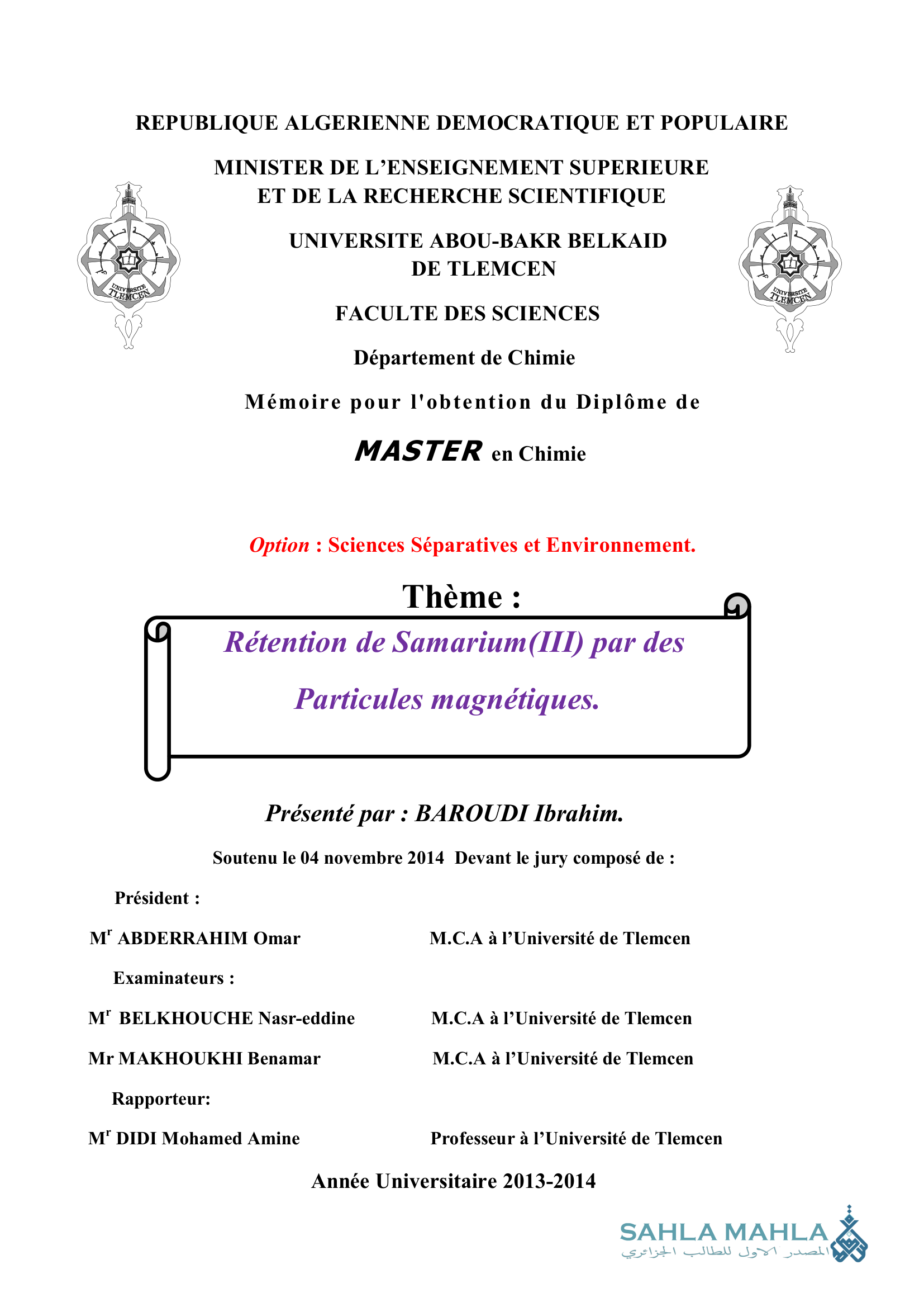 Rétention de Samarium(III) par Particules magnétiques.
