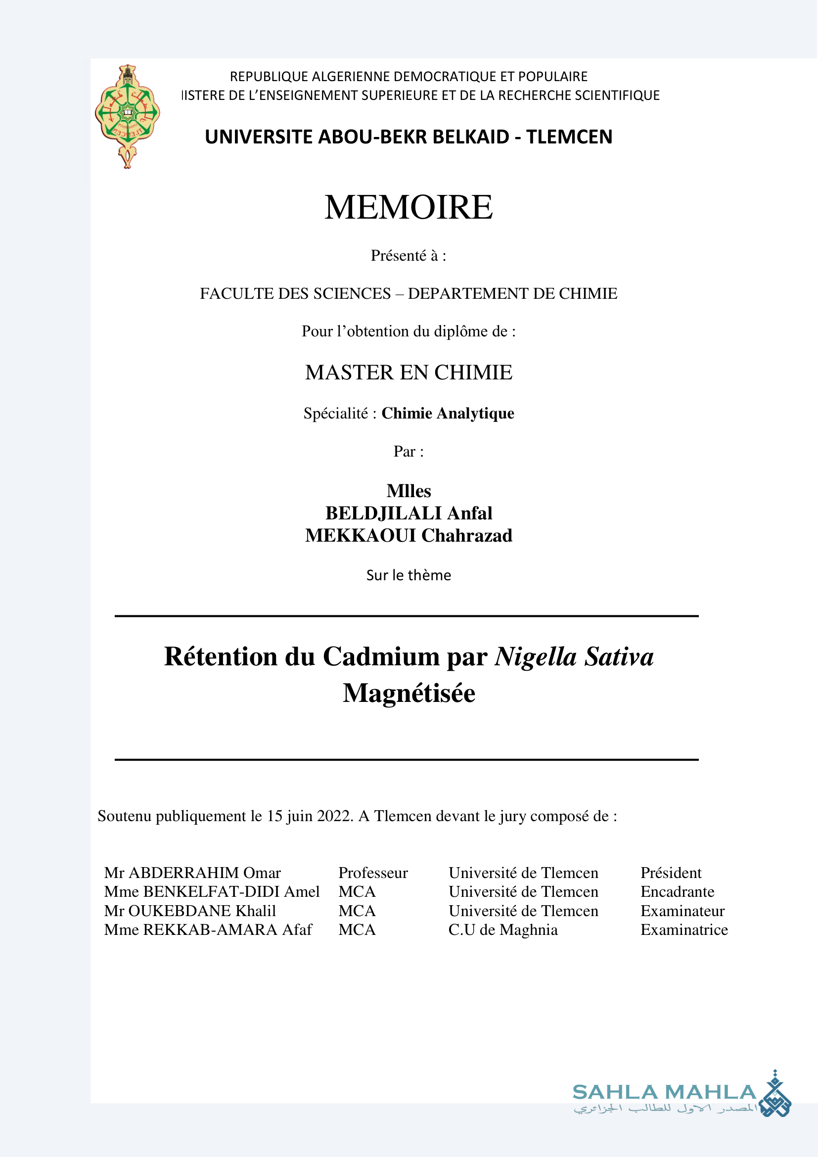 Rétention du Cadmium par Nigella Sativa Magnétisée
