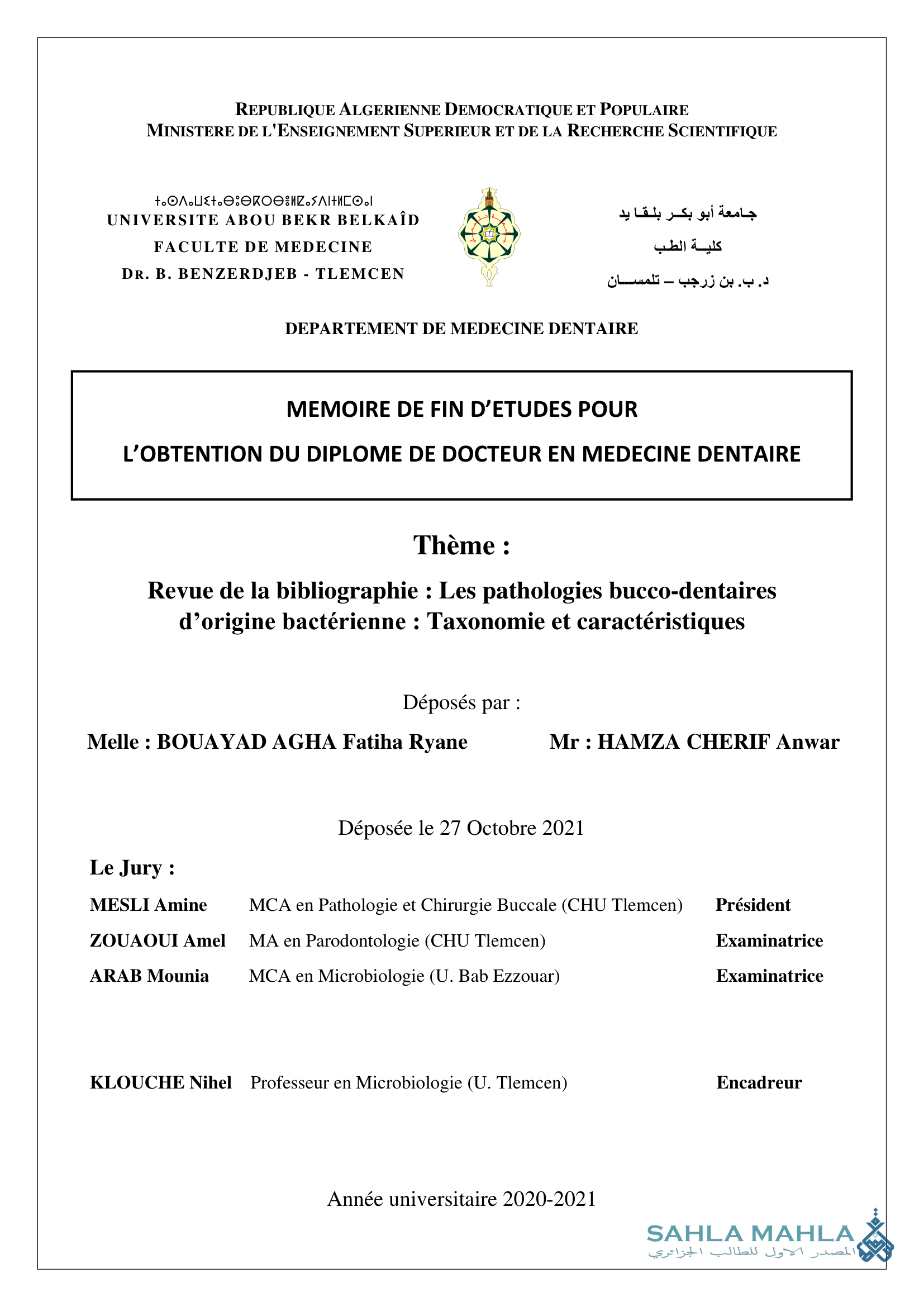 Revue de la bibliographie : Les pathologies bucco-dentaires d'origine bactérienne : Taxonomie et caractéristiques