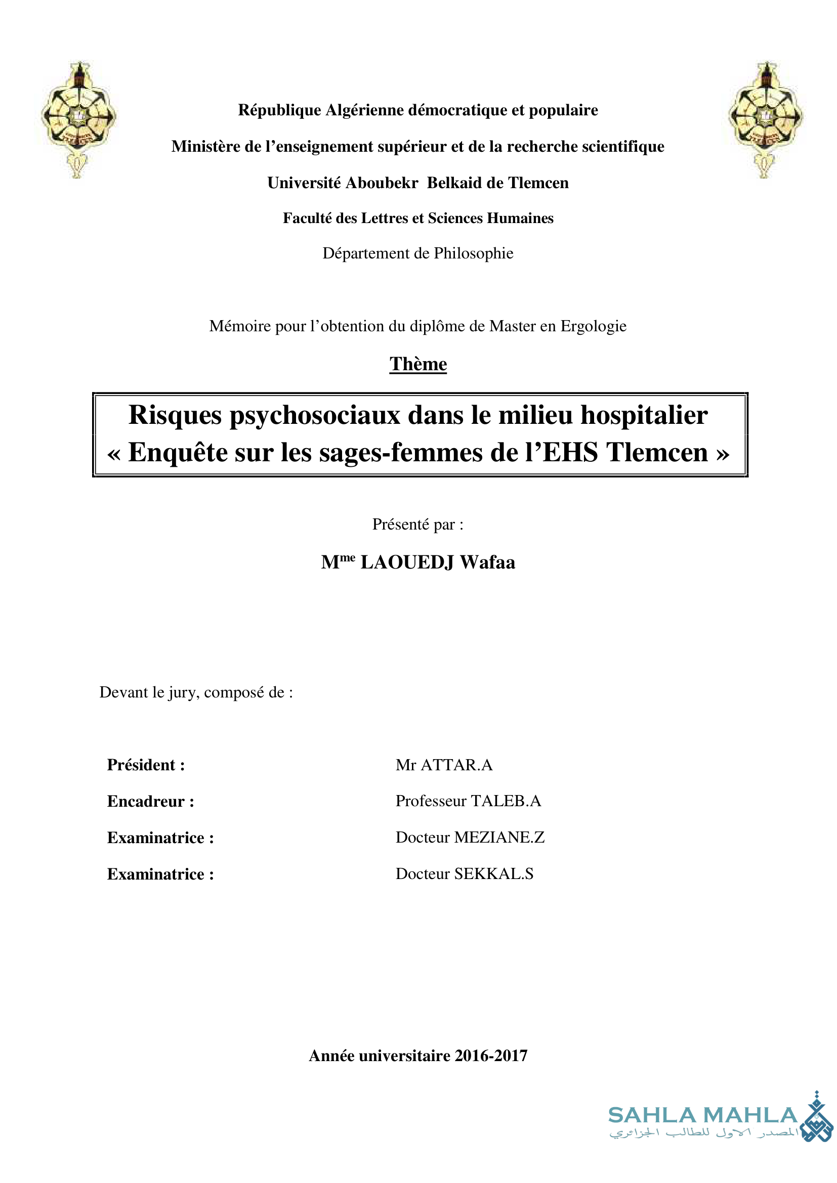 Risques psychosociaux dans le milieu hospitalier : Enquête sur les sages-femmes de l'EHS Tlemcen