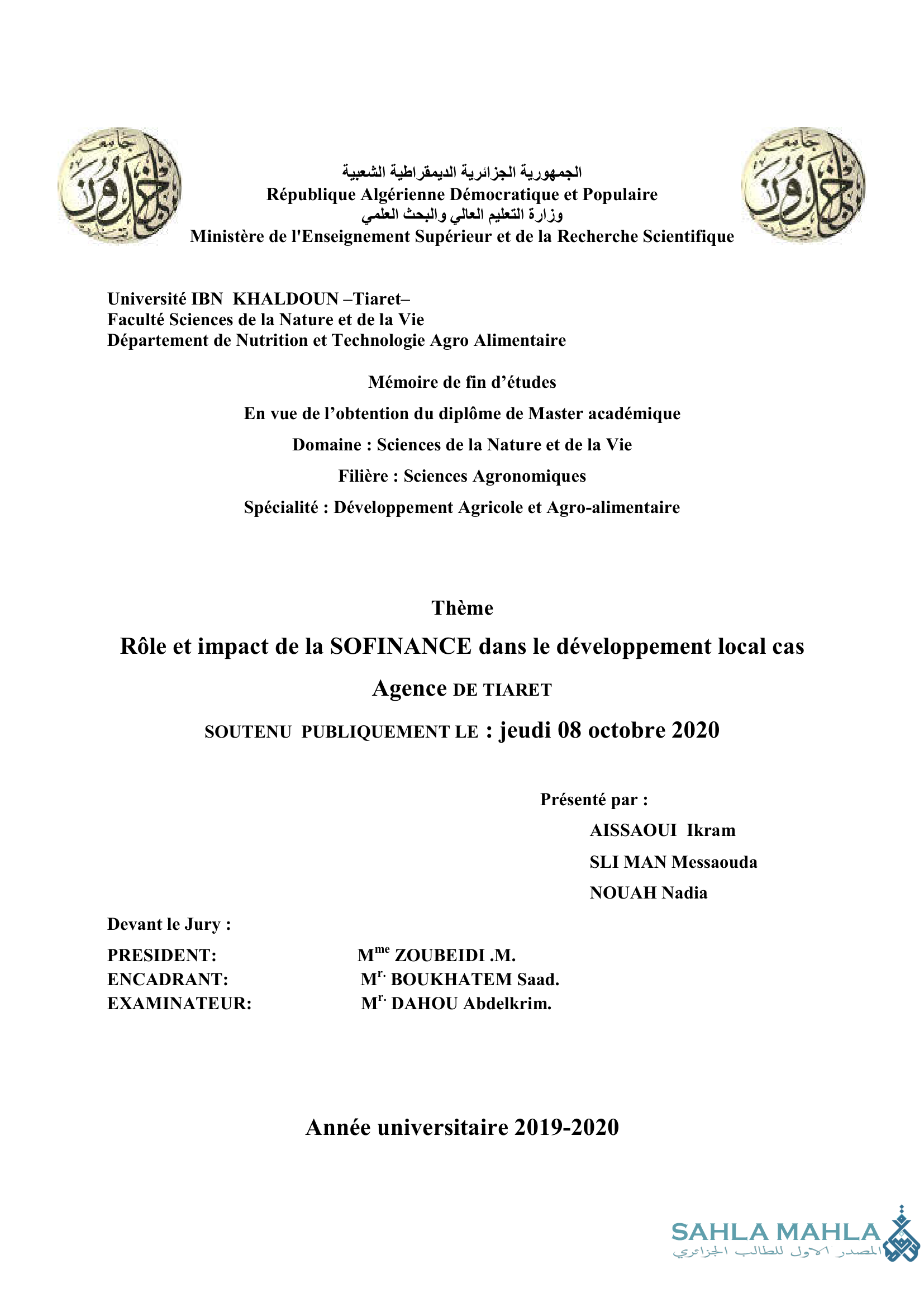 Rôle et impact de la SOFINANCE dans le développement local cas Agence DE TIARET