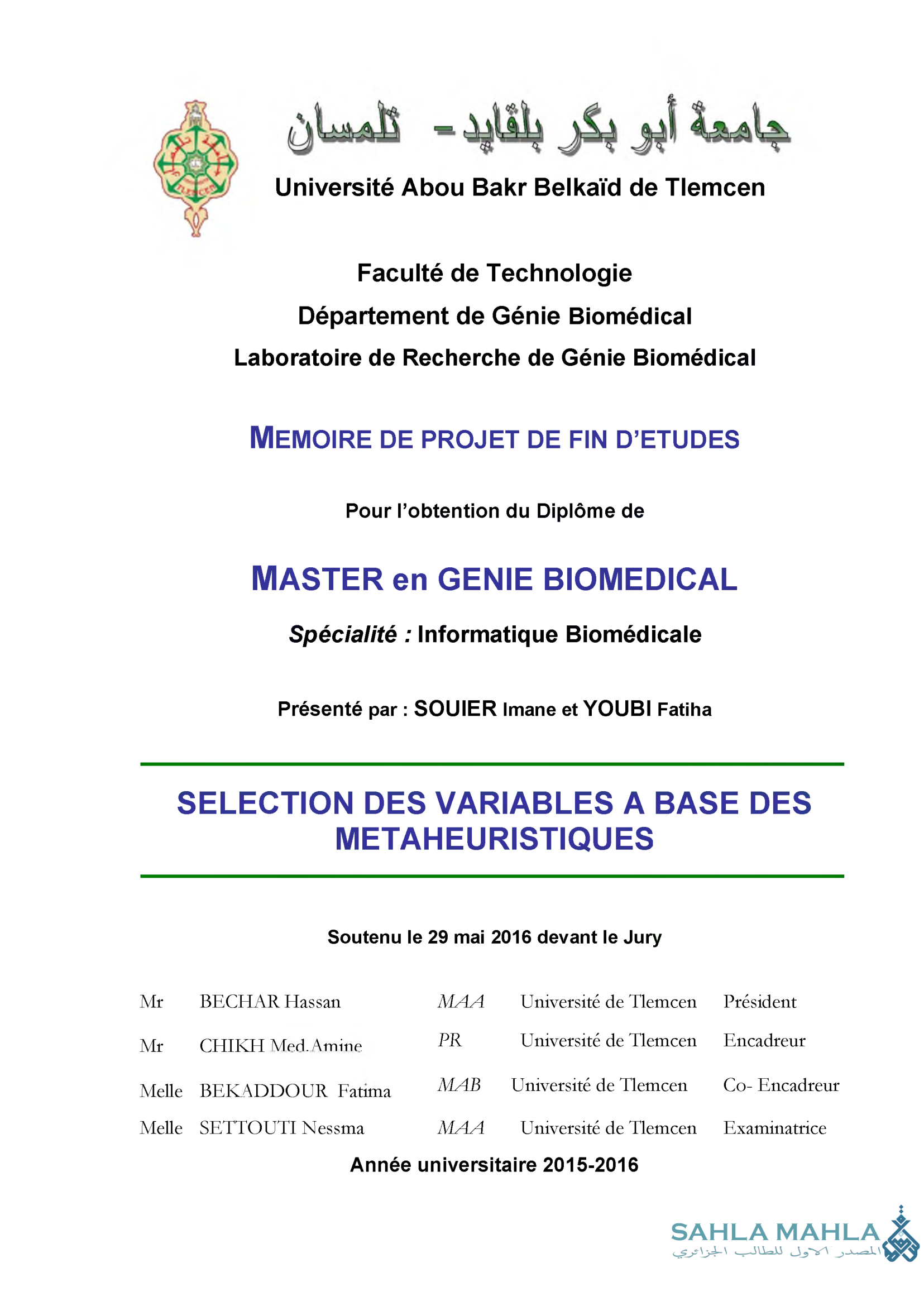 SELECTION DES VARIABLES A BASE DES METAHEURISTIQUES