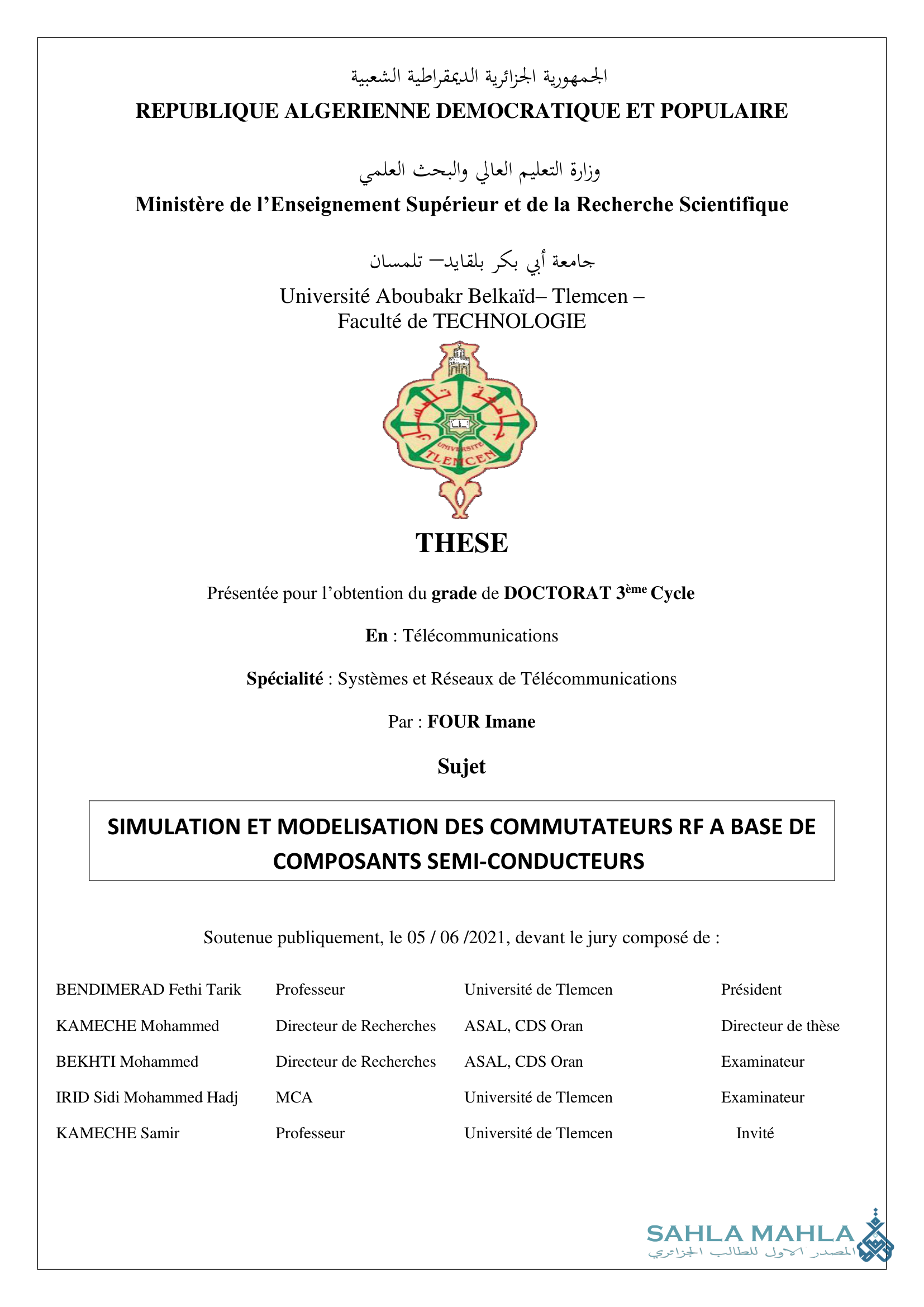 SIMULATION ET MODELISATION DES COMMUTATEURS RF A BASE DE COMPOSANTS SEMI-CONDUCTEURS