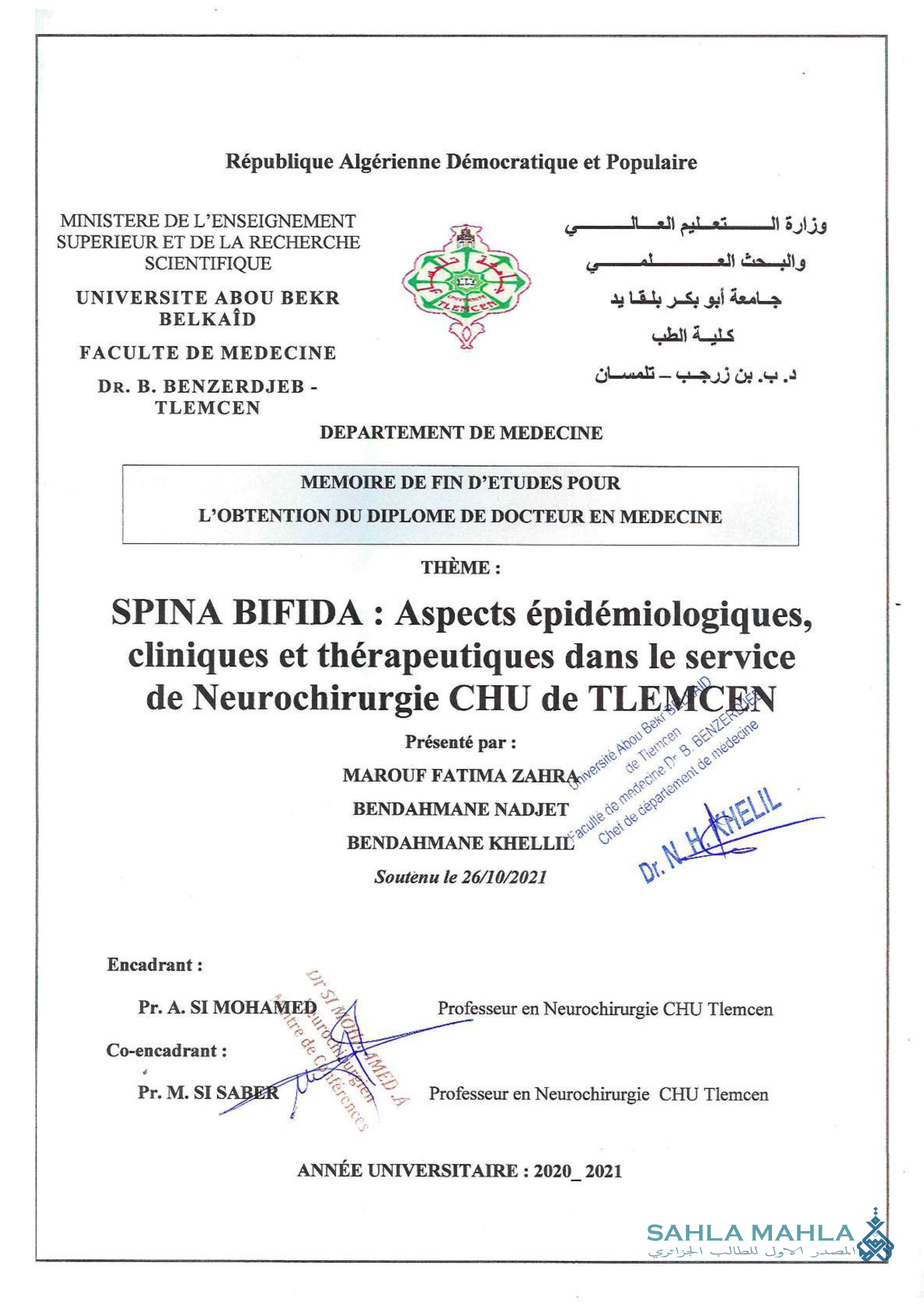 SPINA BIFIDA: Aspects épidémiologiques, cliniques et thérapeutiques dans le service de Neurochirurgie CHU de TLEMCEN