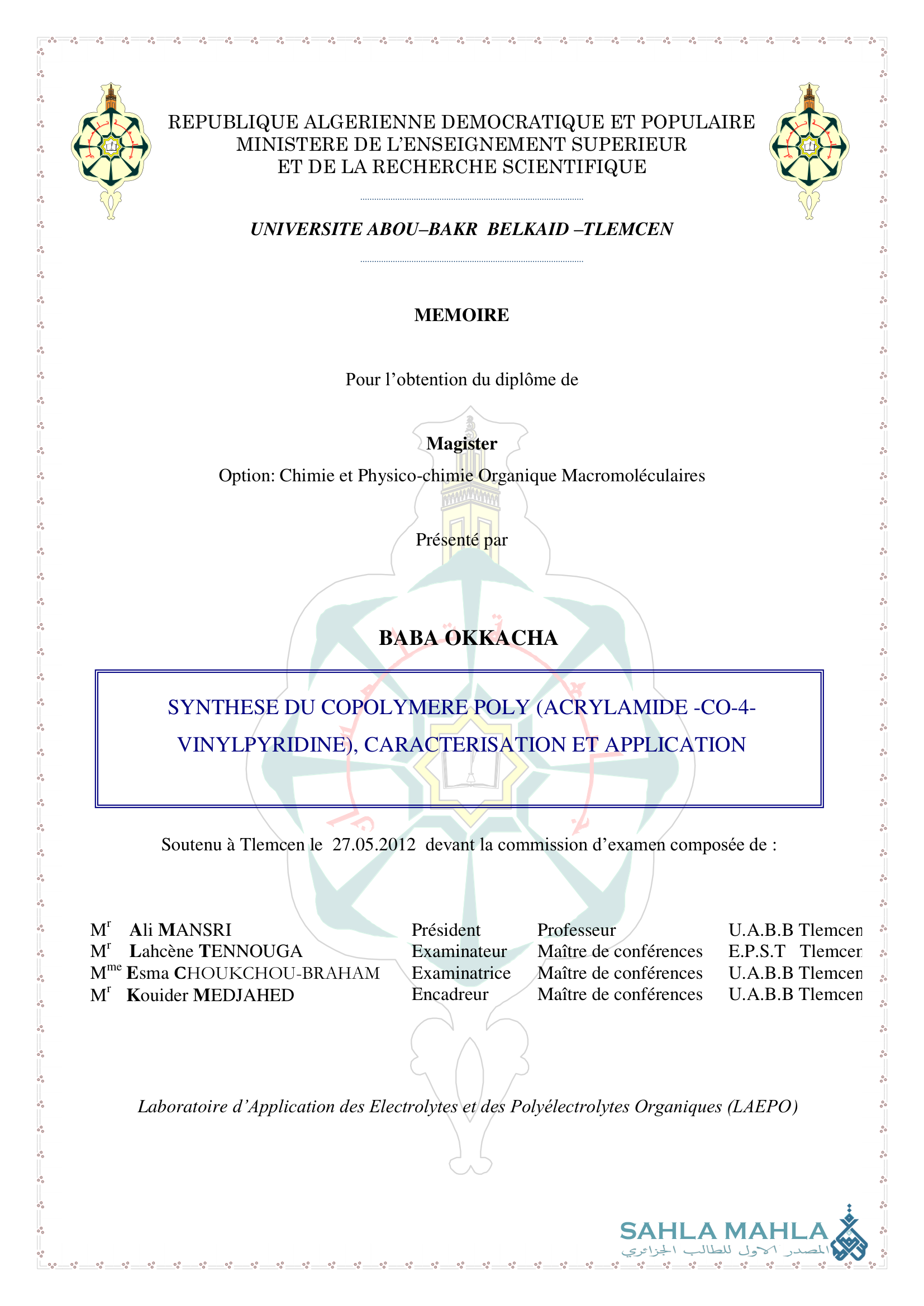 SYNTHESE DU COPOLYMERE POLY (ACRYLAMIDE -CO-4- VINYLPYRIDINE), CARACTERISATION ET APPLICATION