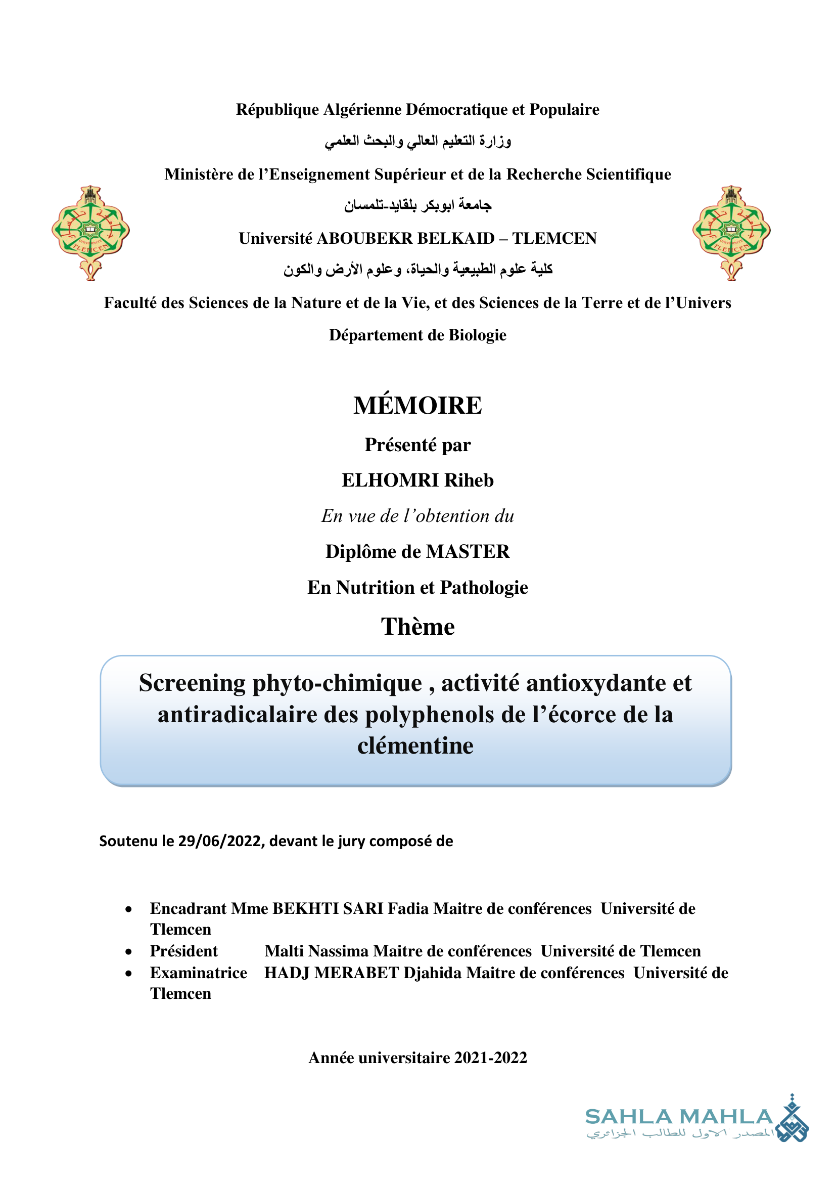 Screening phyto-chimique, activité antioxydante et antiradicalaire des polyphenols de l'écorce de la clémentine