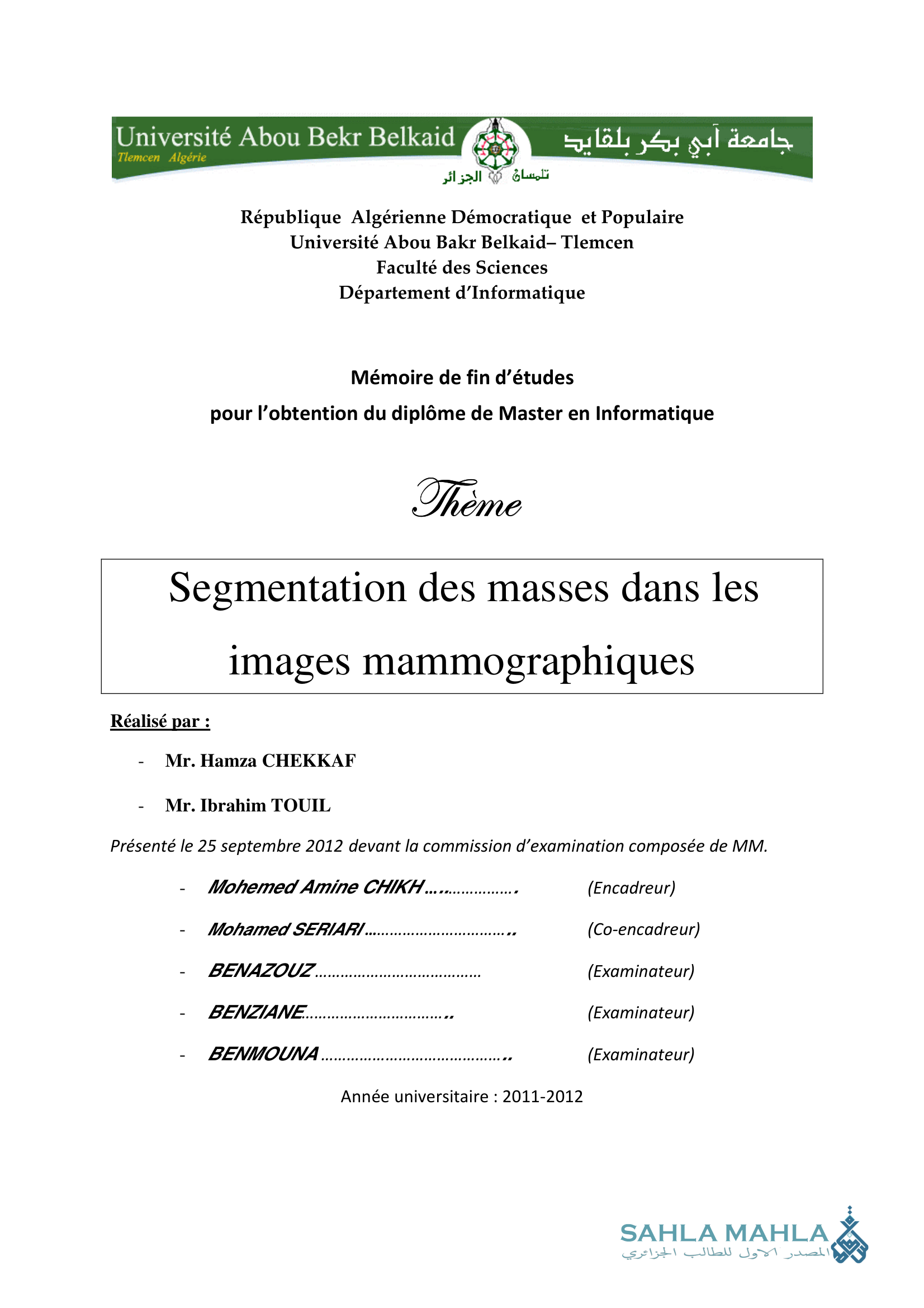 Segmentation des masses dans les images mammographiques