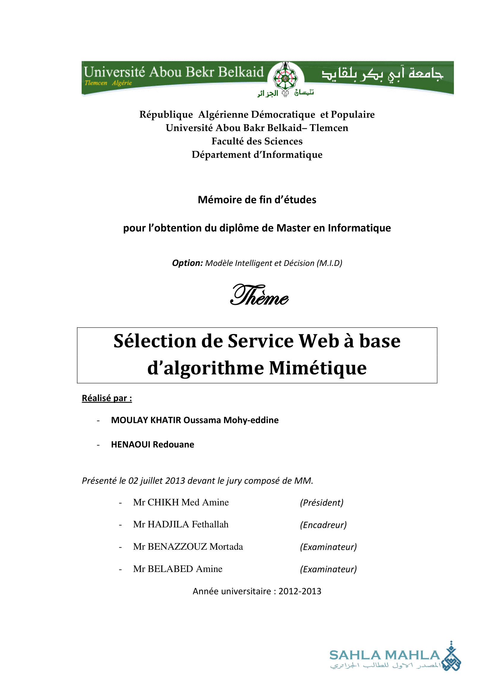 Sélection de Service Web à base d'algorithme Mimétique