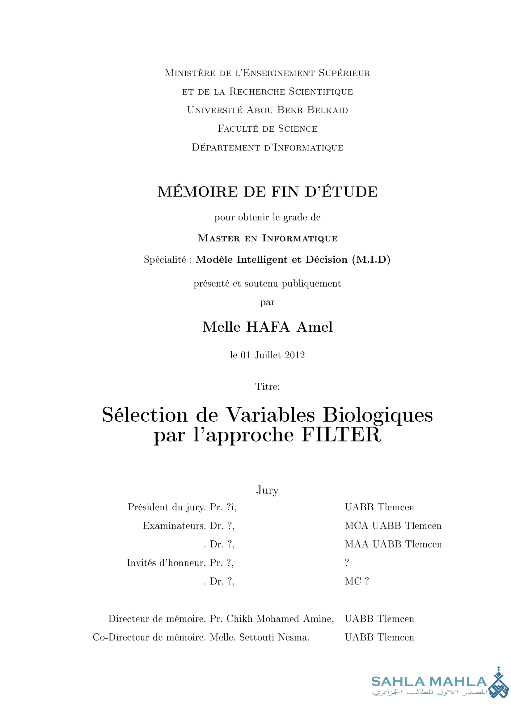 Sélection de Variables Biologiques par l'approche FILTER