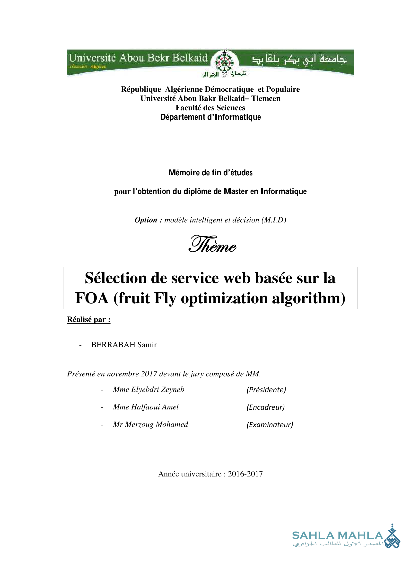 Sélection de service web basée sur la FOA (fruit Fly optimization algorithm)