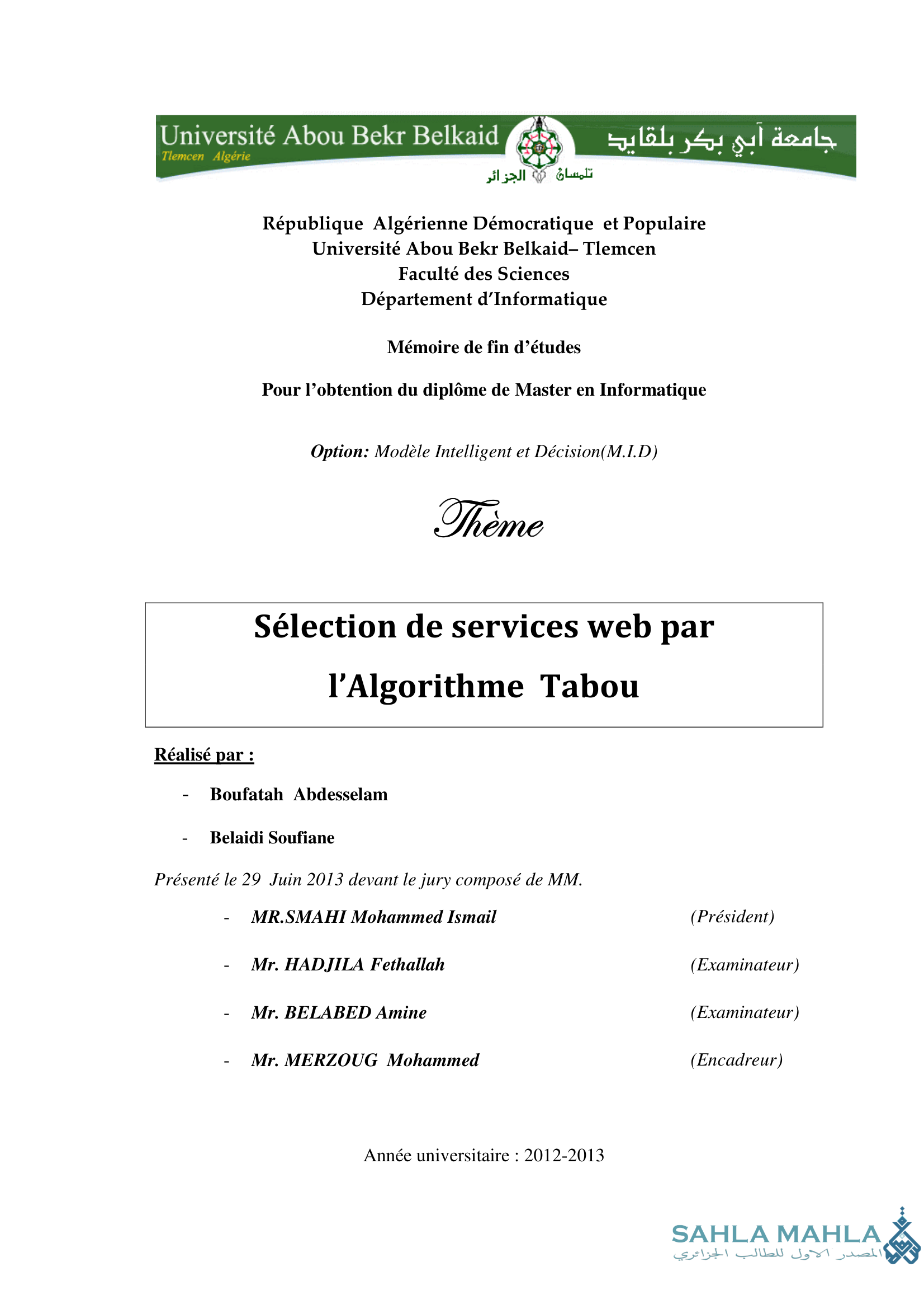 Sélection de services web par l'Algorithme Tabou