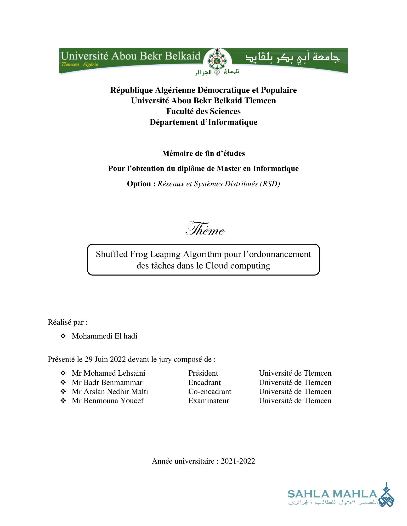 Shuffled Frog Leaping Algorithm pour l'ordonnancement des tâches dans le Cloud computing