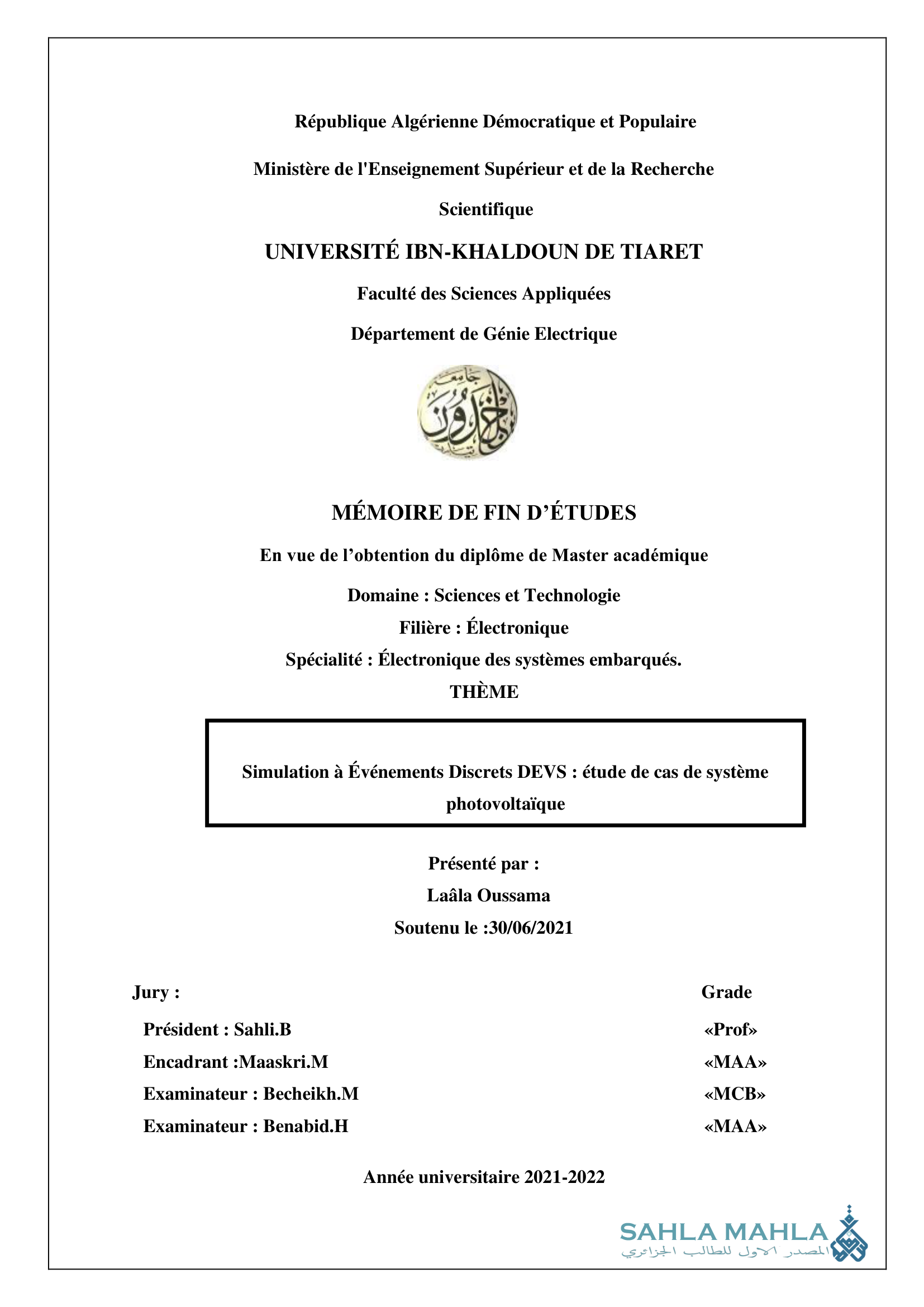 Simulation à Événements Discrets DEVS : étude de cas de système photovoltaïque