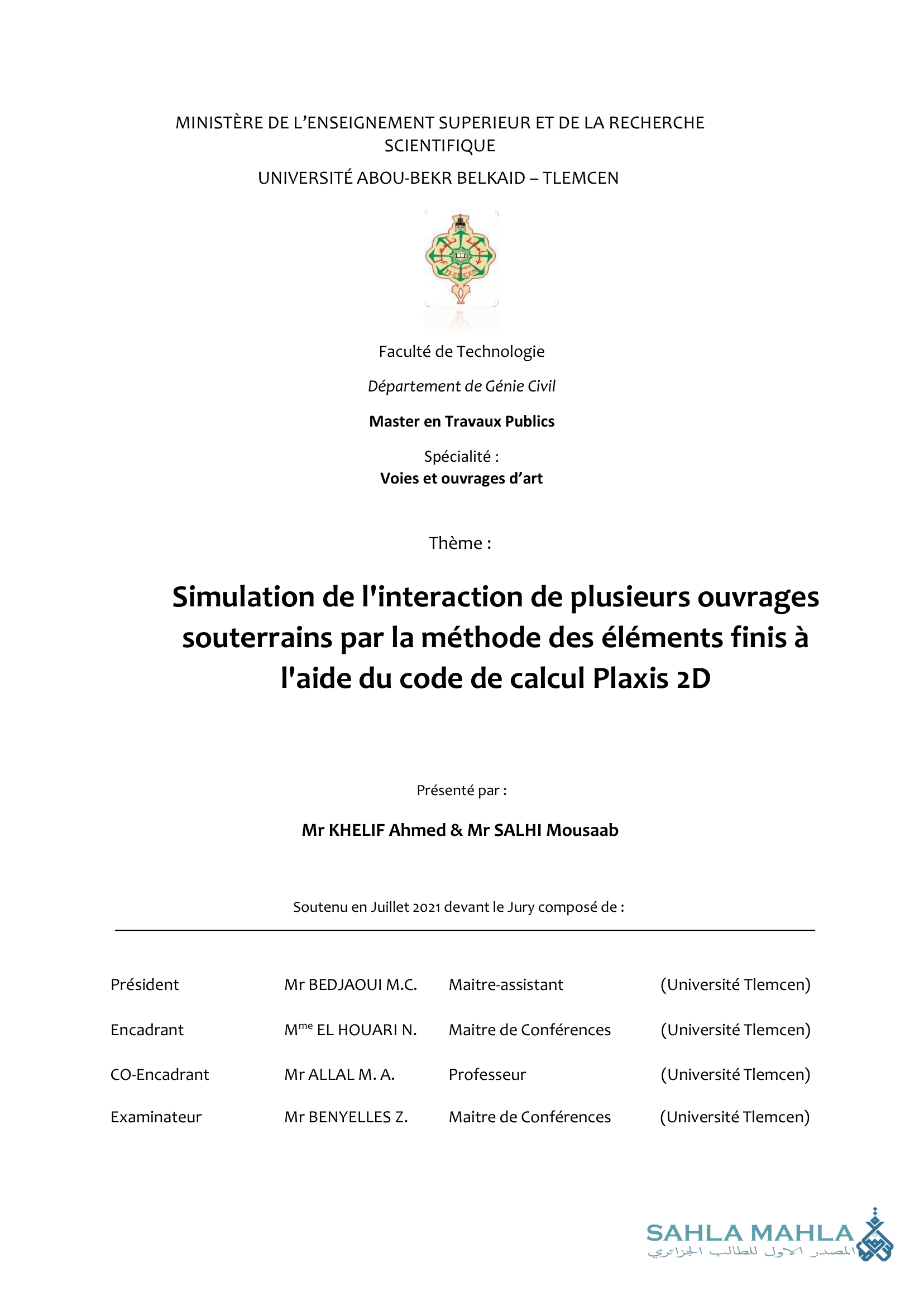 Simulation de l'interaction de plusieurs ouvrages souterrains par la méthode des éléments finis à l'aide du code de calcul Plaxis 2D