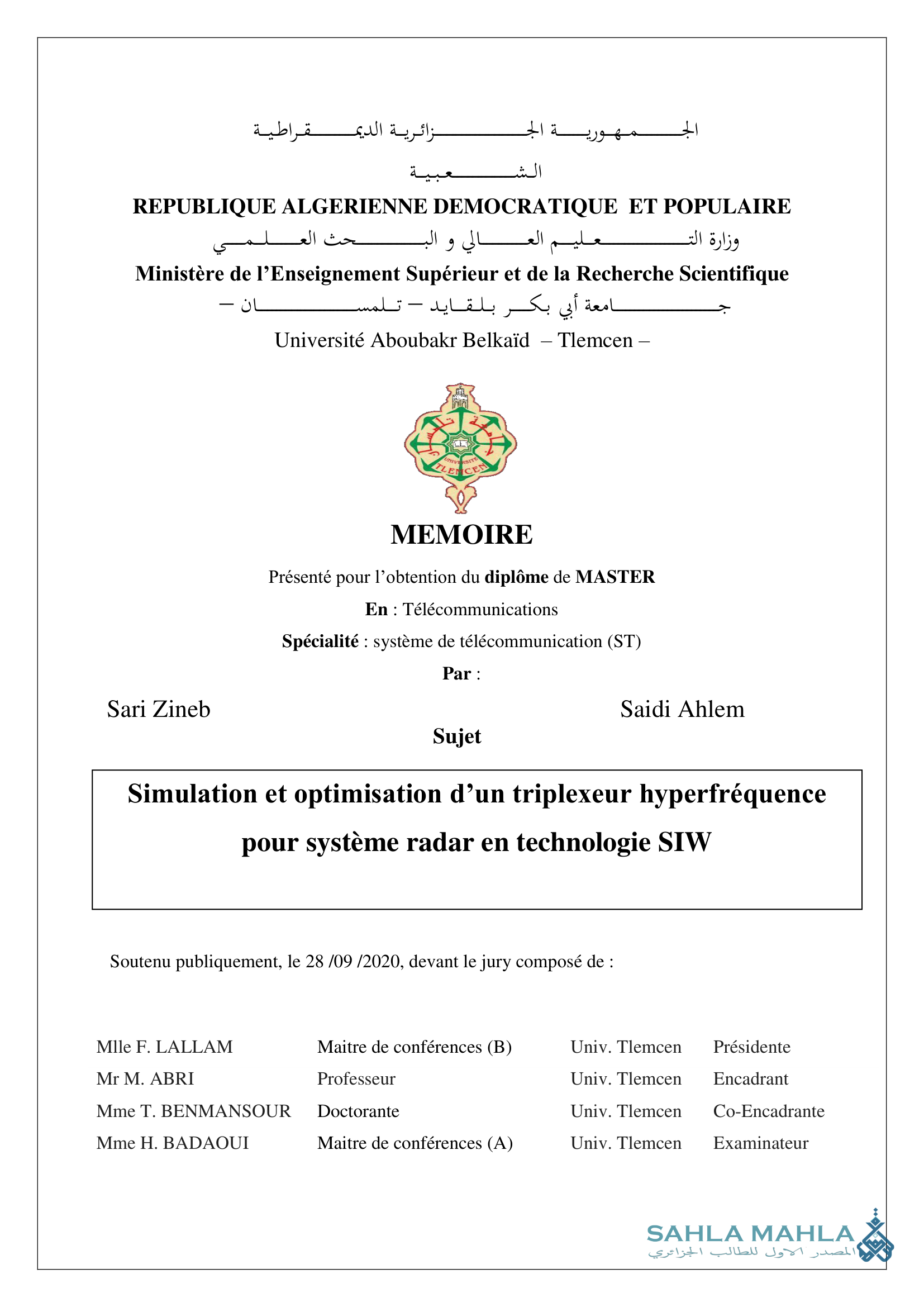 Simulation et optimisation d'un triplexeur hyperfréquence pour système radar en technologie SIW