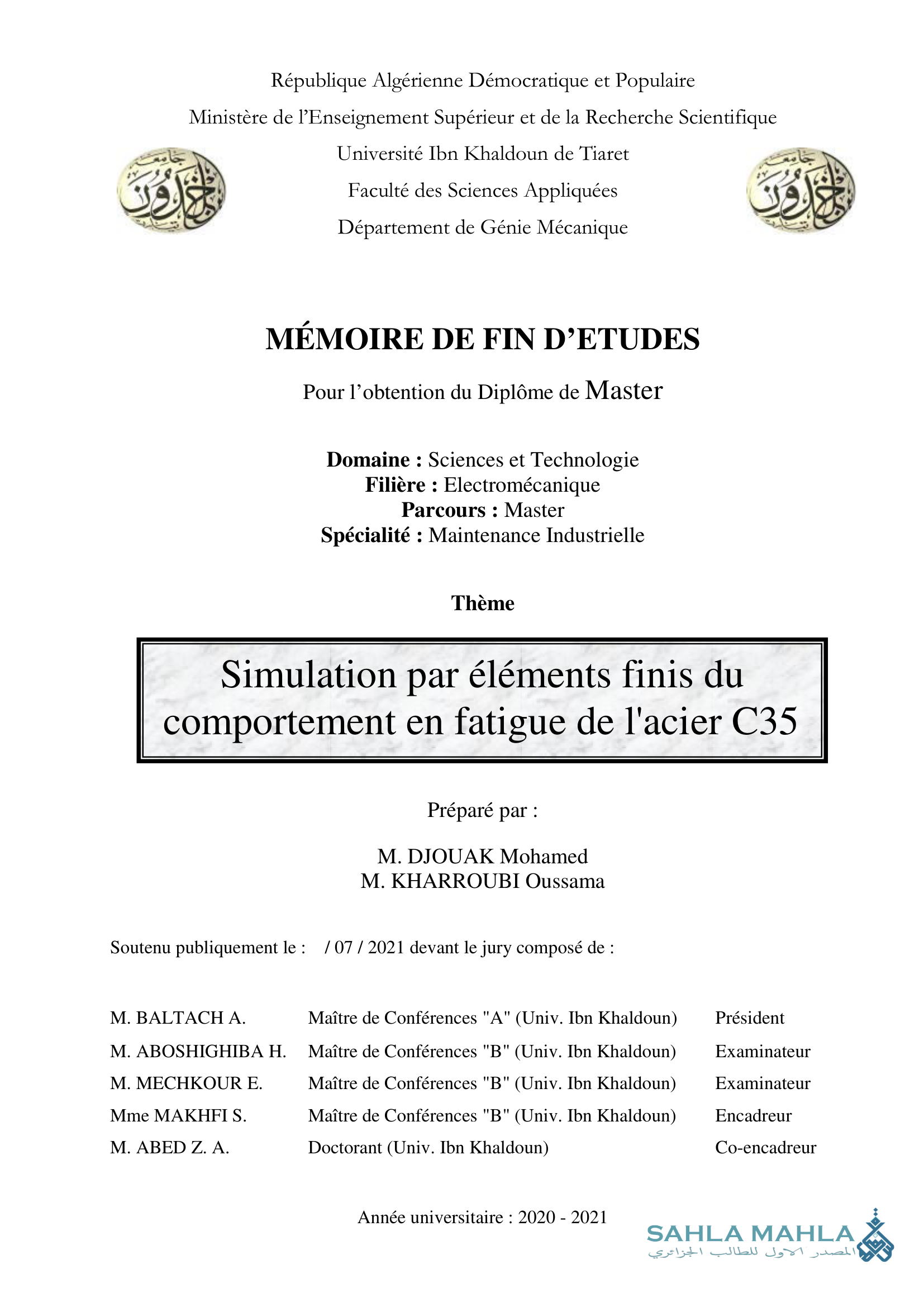 Simulation par éléments finis du comportement en fatigue de l'acier C35