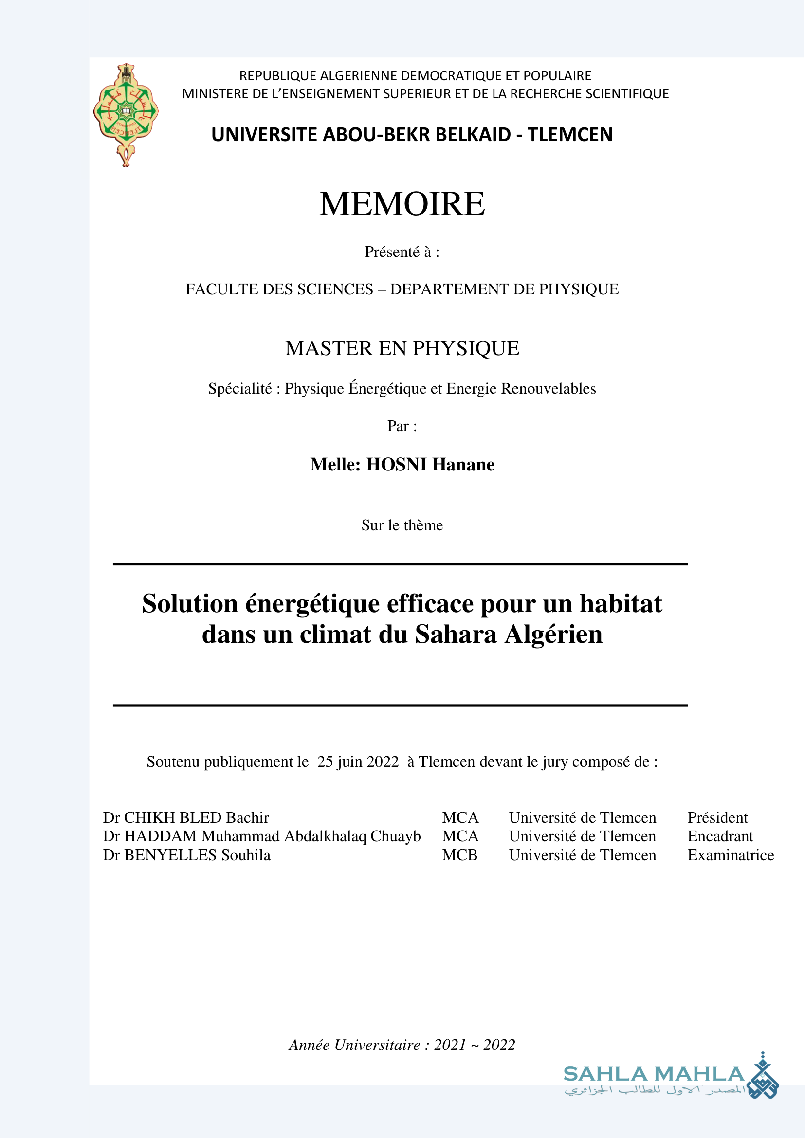 Solution énergétique efficace pour un habitat dans un climat du Sahara Algérien