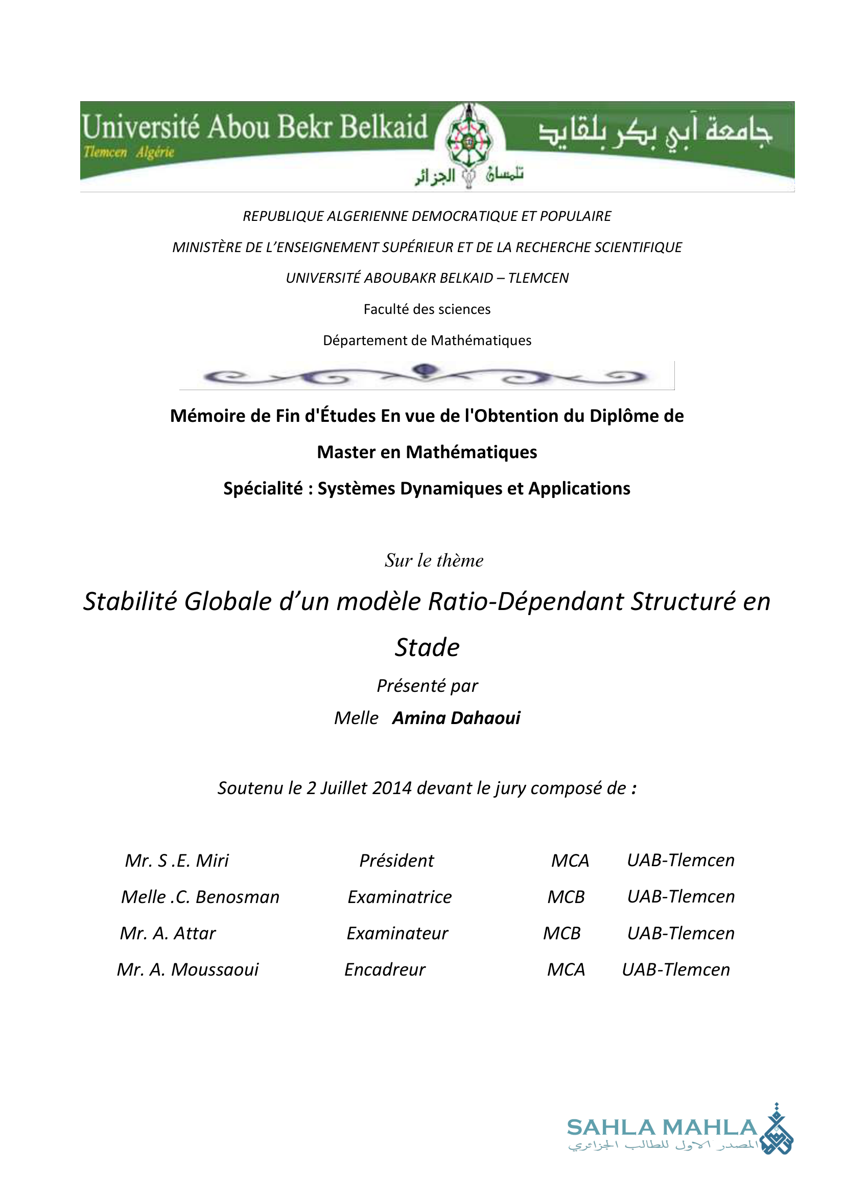 Stabilité Globale d'un modèle Ratio-Dépendant Structuré en Stade