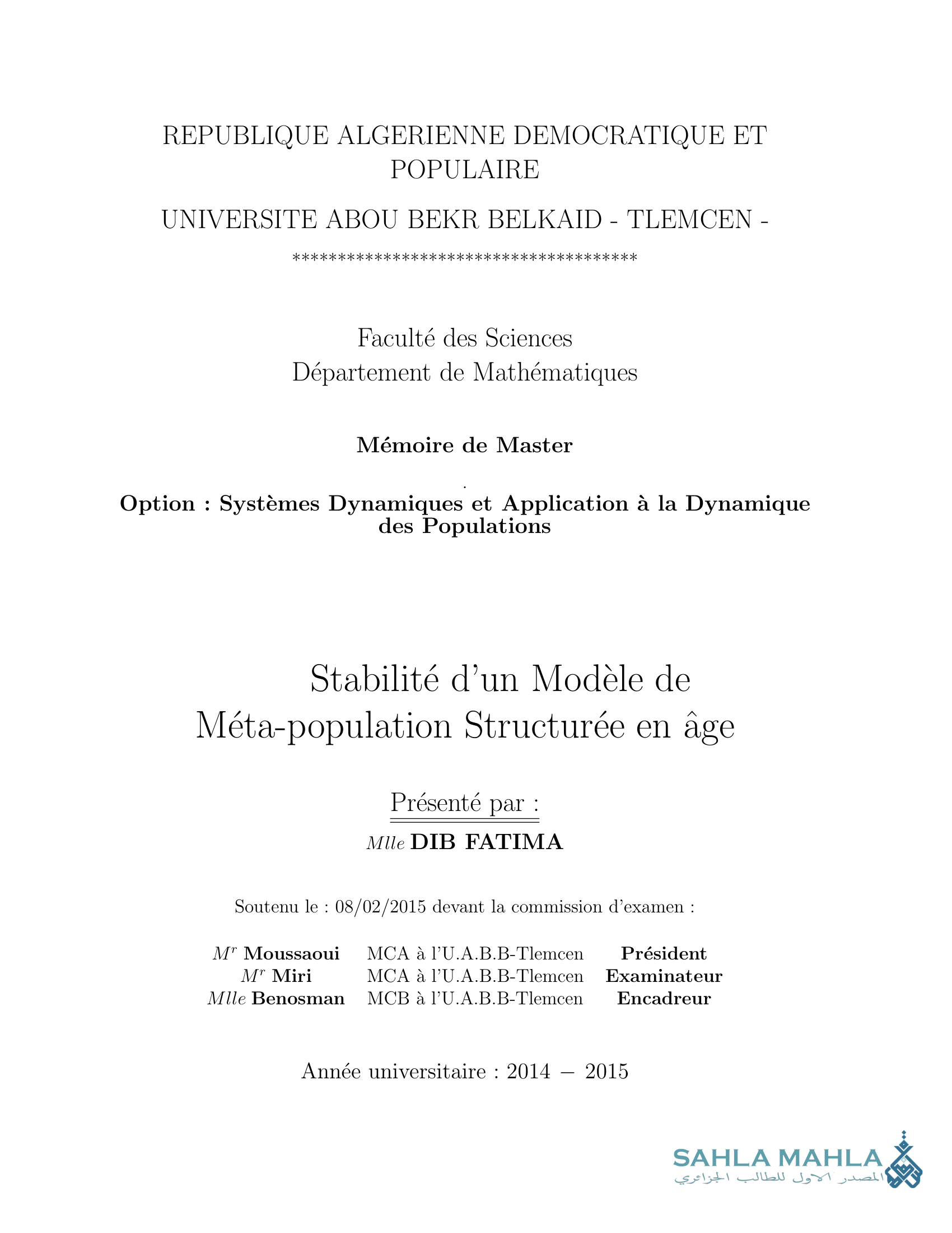 Stabilité d'un Modèle de Méta-population Structurée en âge