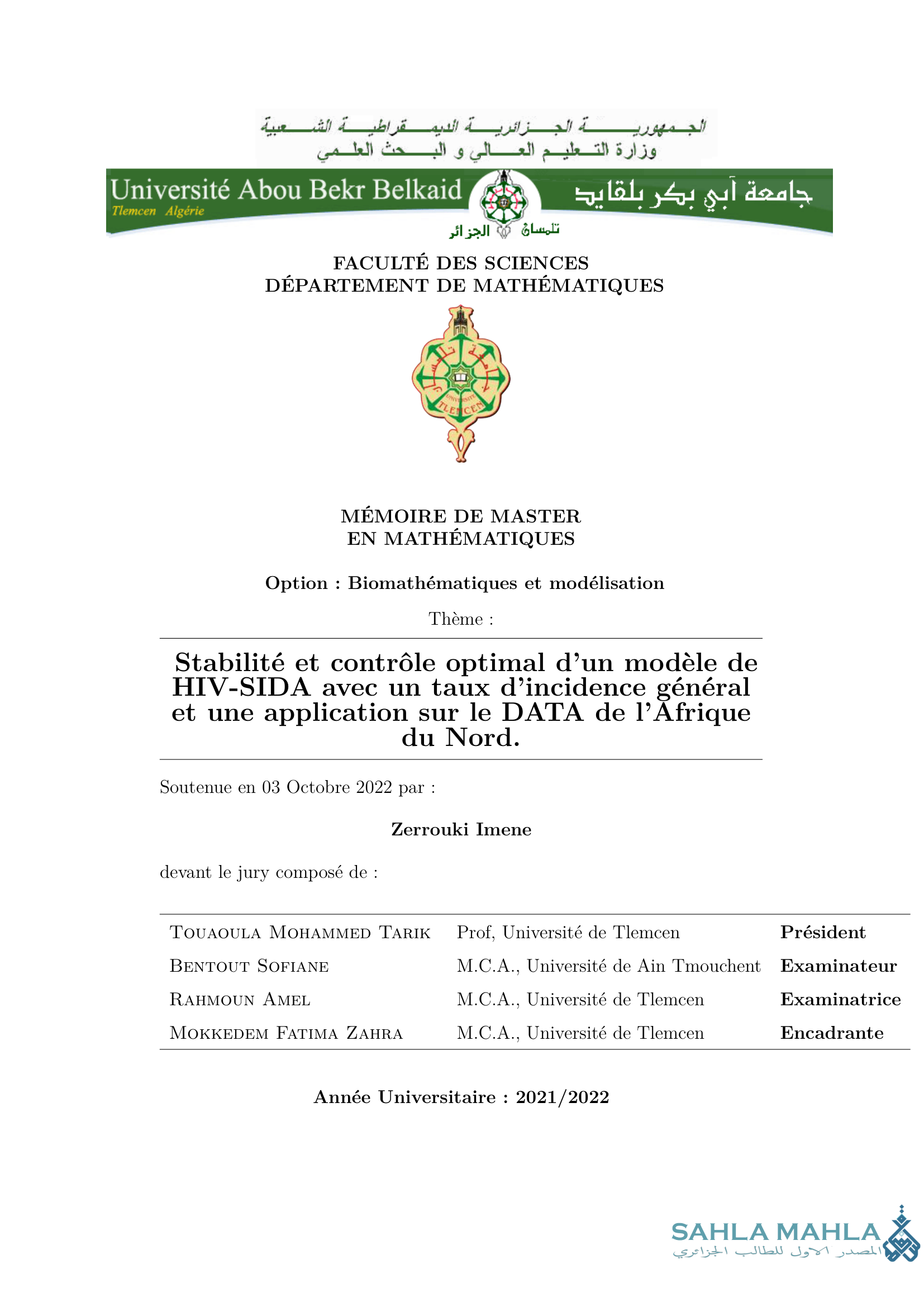 Stabilité et contrôle optimal d'un modèle de HIV-SIDA avec un taux d'incidence général et une application sur le DATA de l'Afrique du Nord.