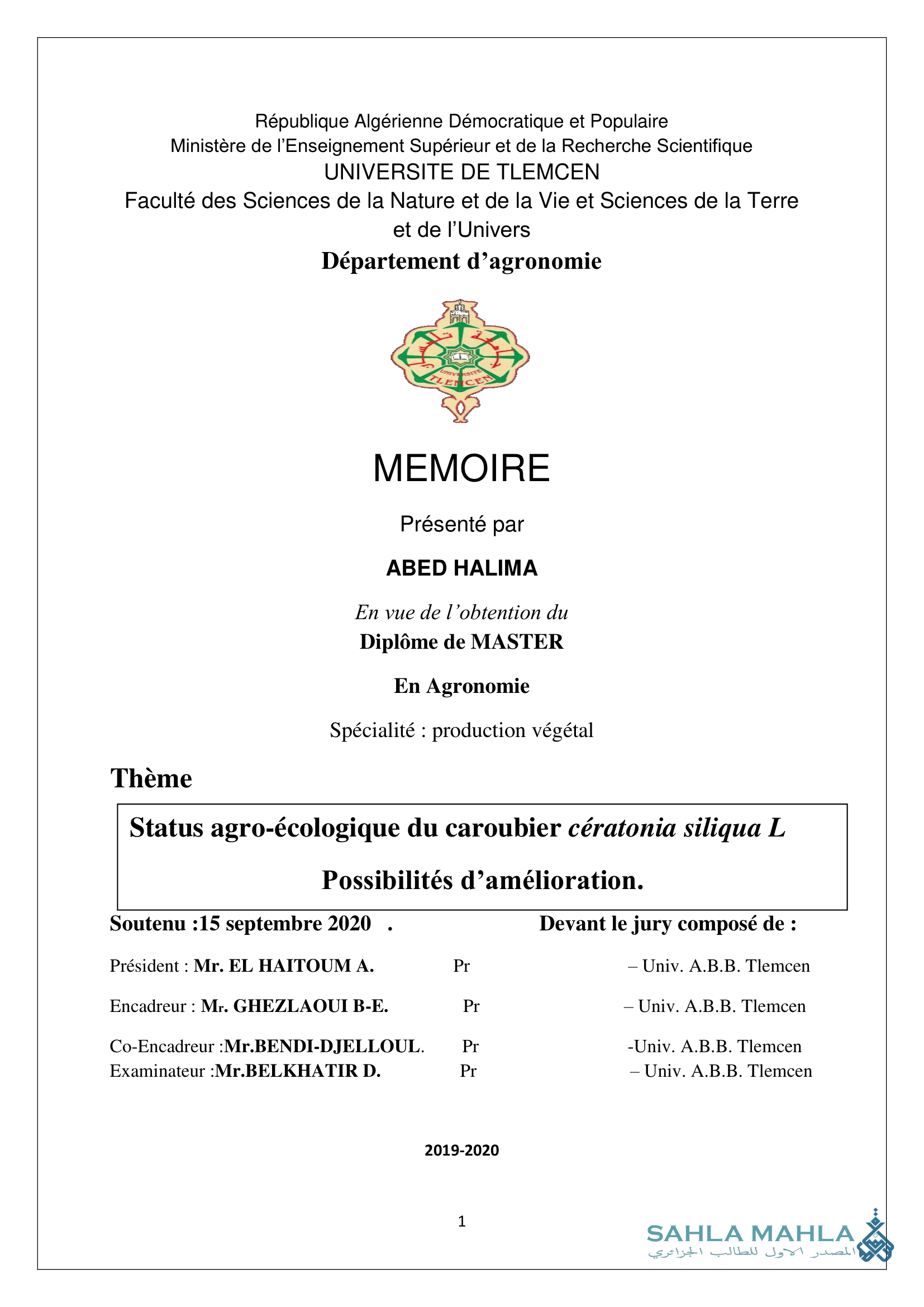 Status agro-écologique du caroubier cératonia siliqua L Possibilités d'amélioration.