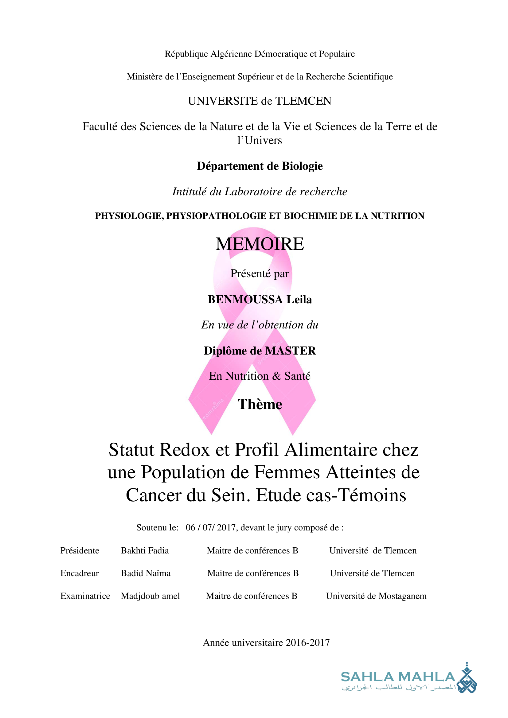 Statut Redox et Profil Alimentaire chez une Population de Femmes Atteintes de Cancer du sein. Etude cas-Témoins