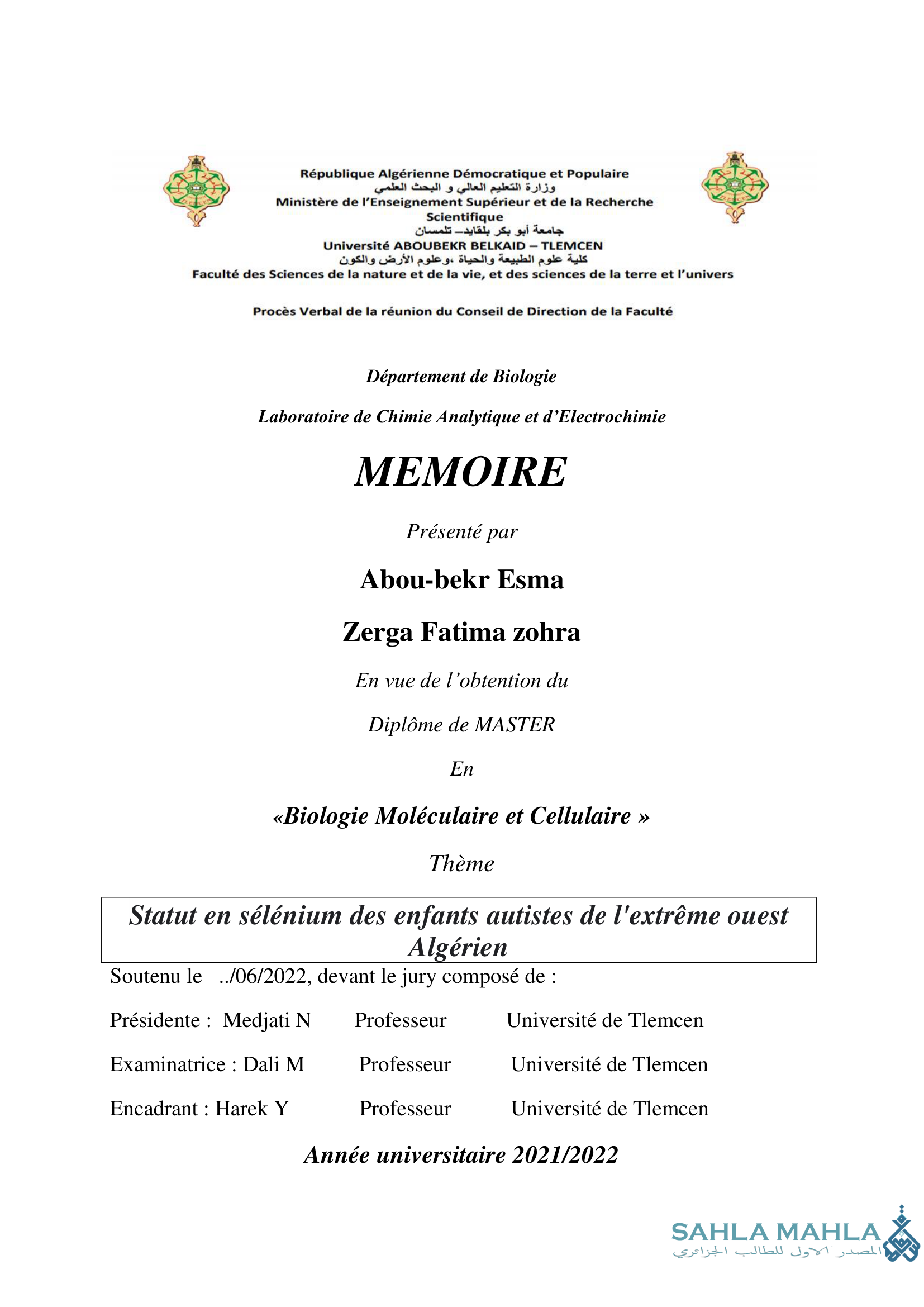 Statut en sélénium des enfants autistes de l'extrême ouest Algérien