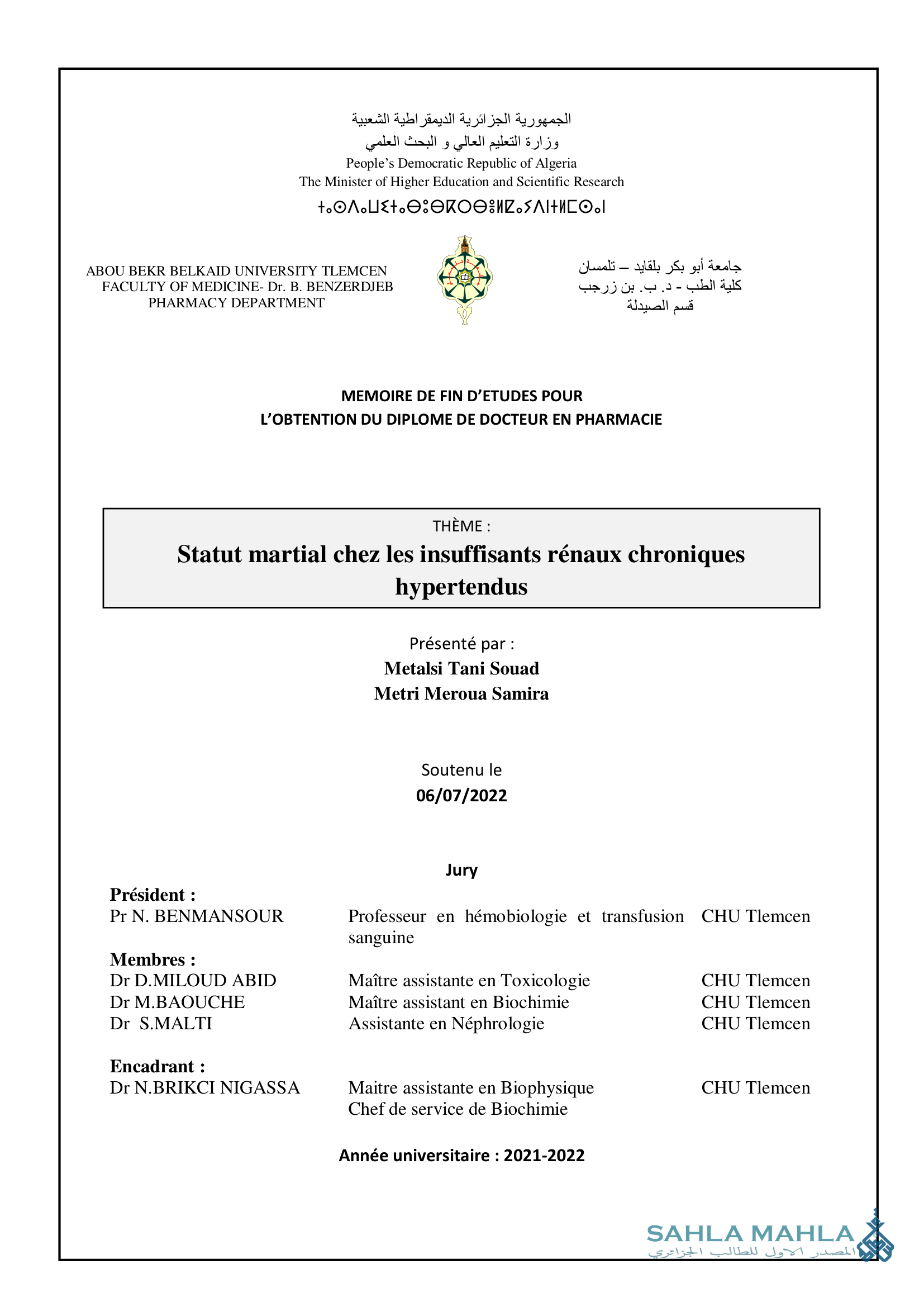 Statut martial chez les insuffisants rénaux chroniques hypertendus