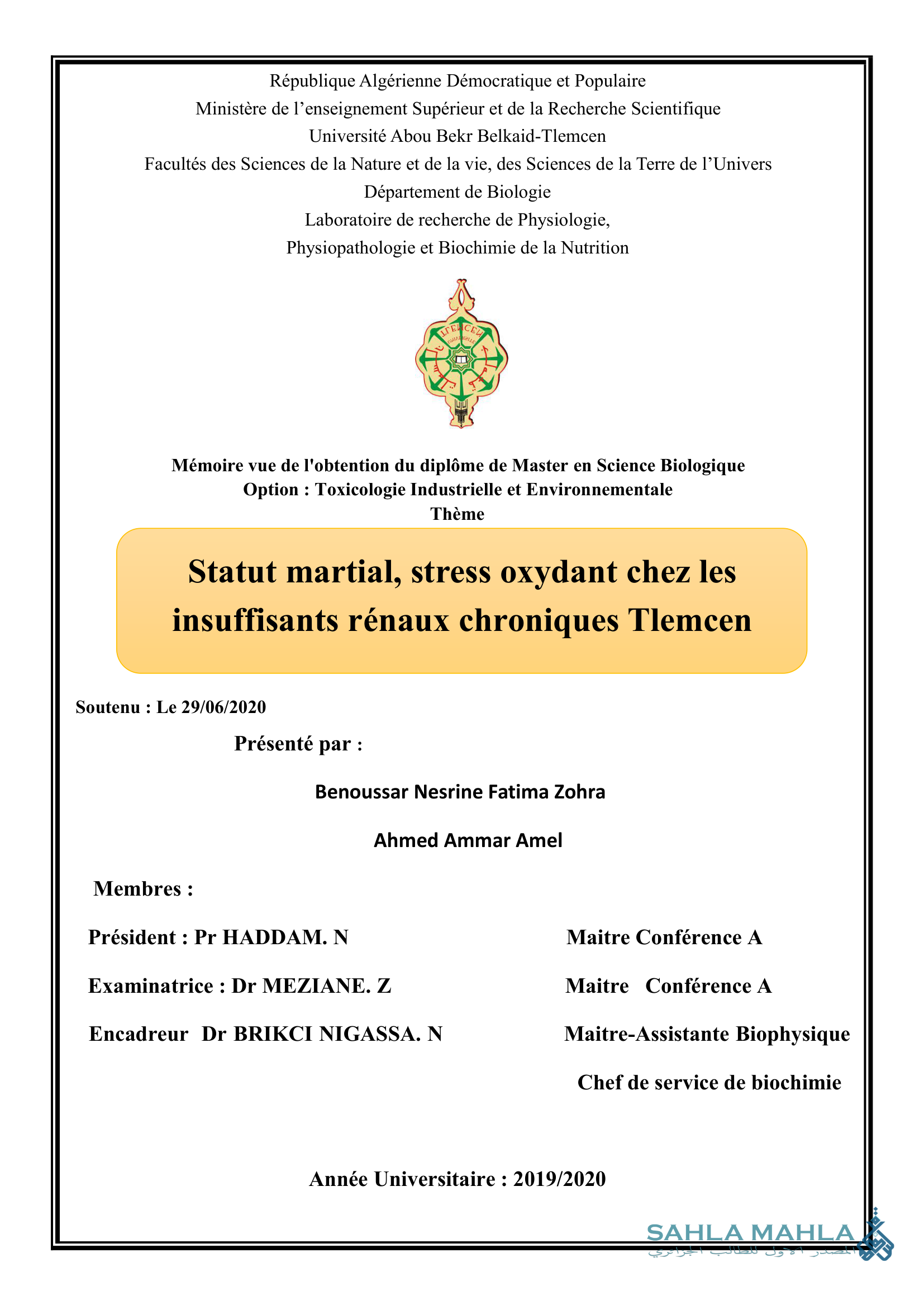 Statut martial, stress oxydant chez les insuffisants rénaux chroniques Tlemcen