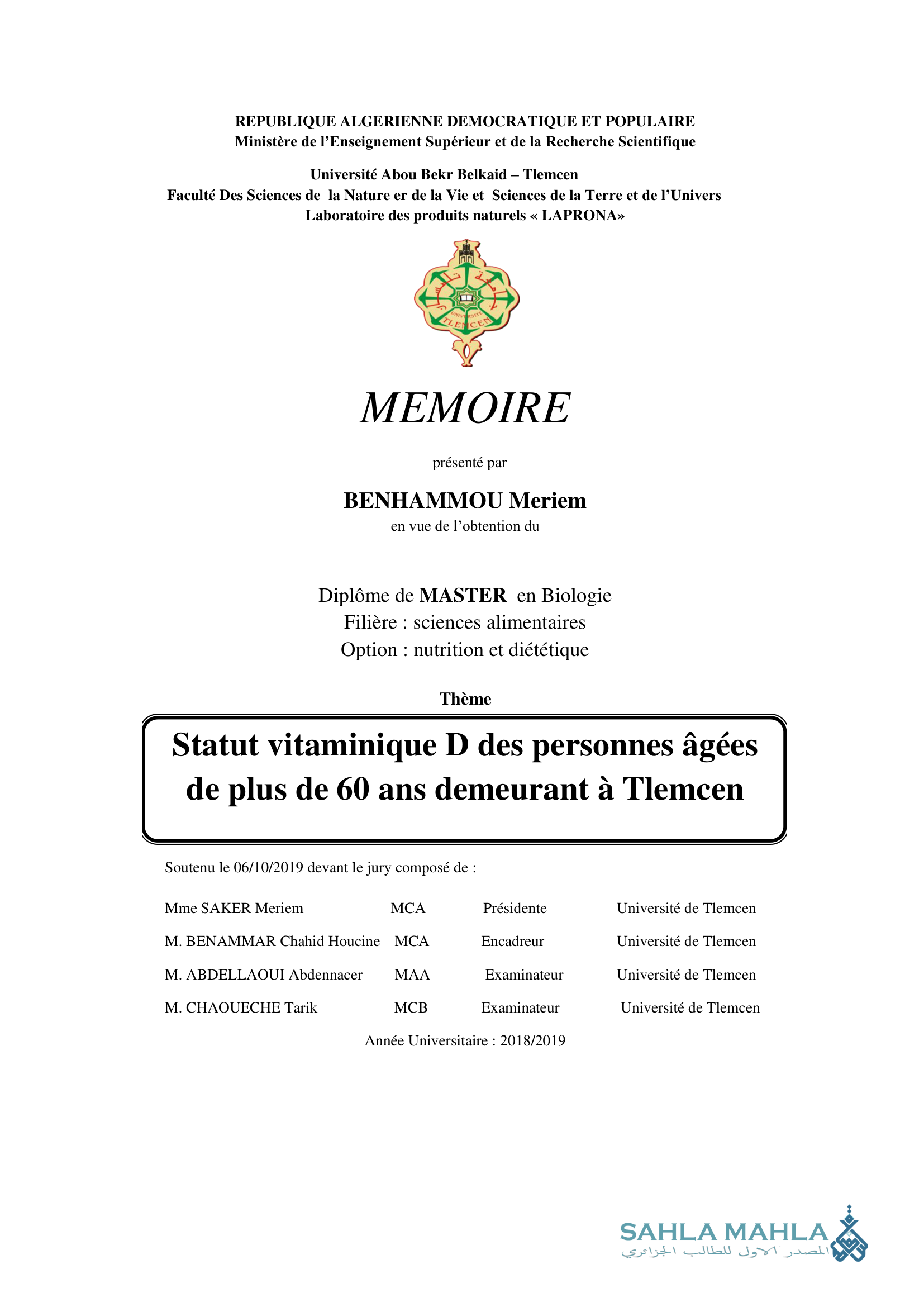 Statut vitaminique D des personnes âgées de plus de 60 ans demeurant à Tlemcen