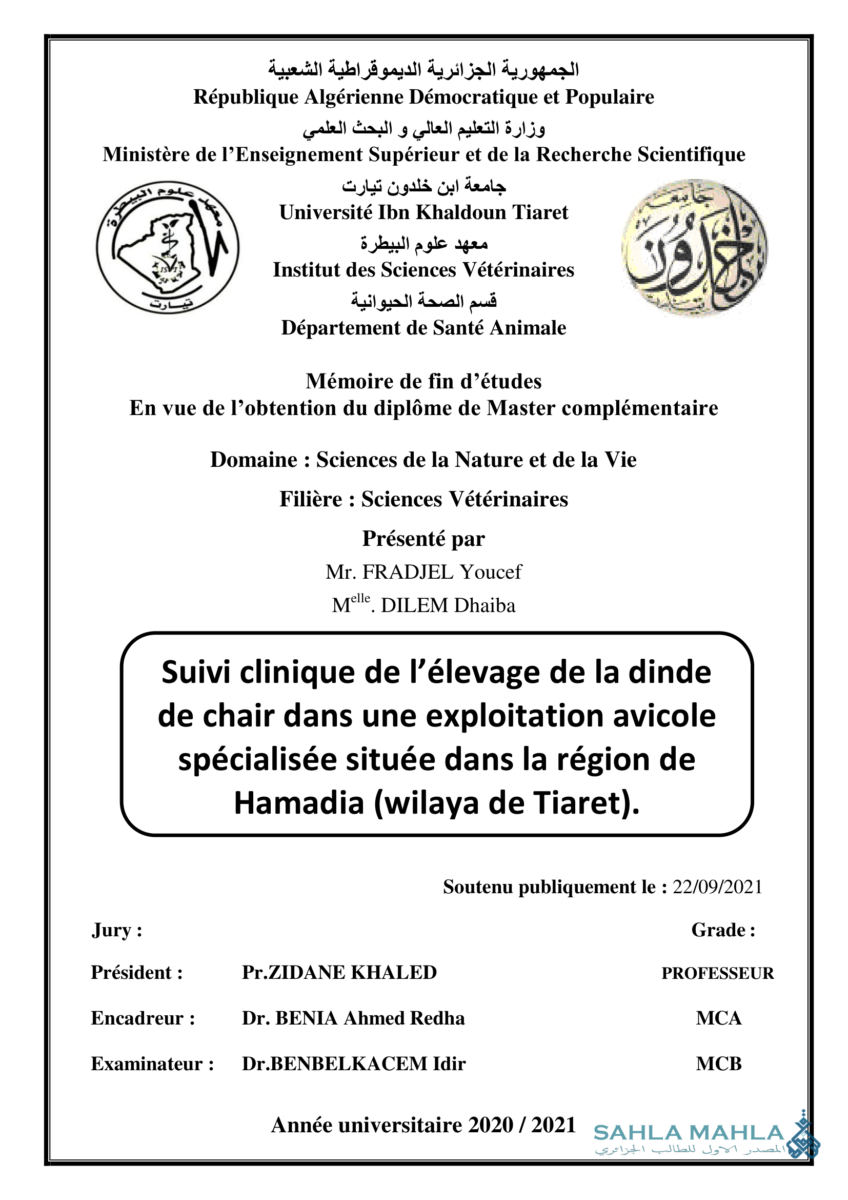 Suivi clinique de l'élevage de la dinde de chair dans une exploitation avicole spécialisée située dans la région de Hamadia (wilaya de Tiaret).