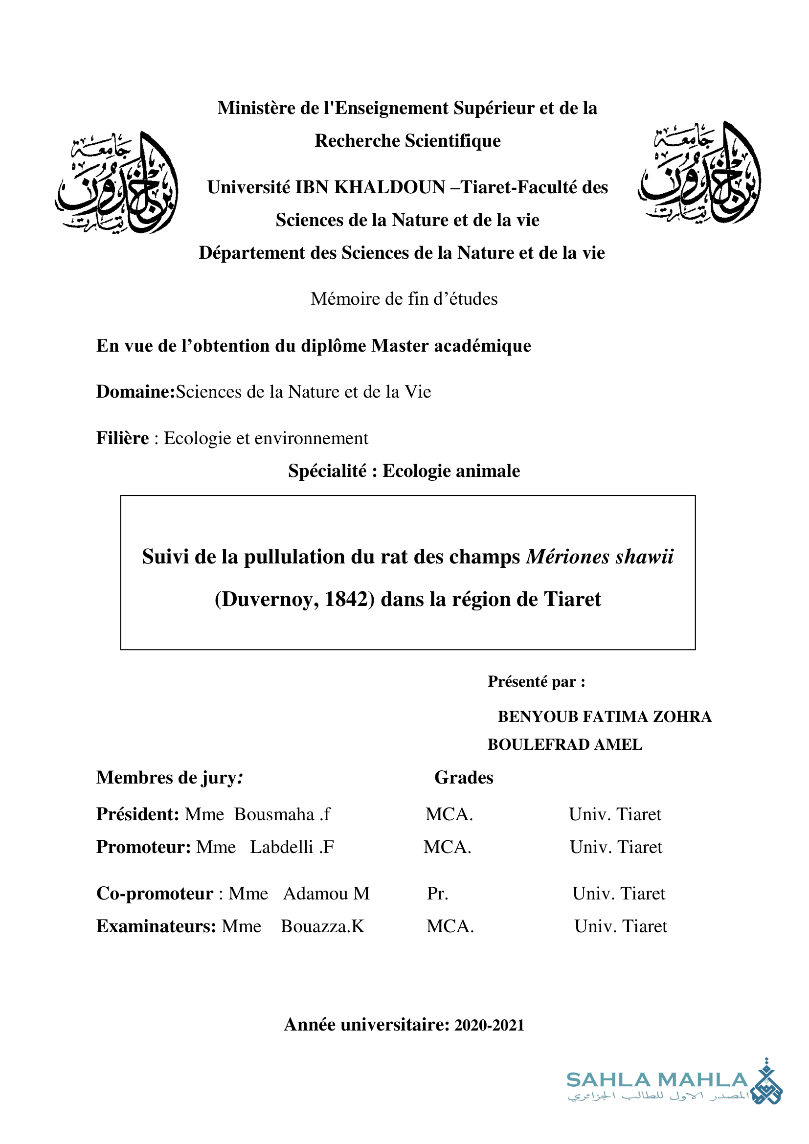 Suivi de la pullulation du rat des champs Mériones shawii (Duvernoy, 1842) dans la région de Tiaret