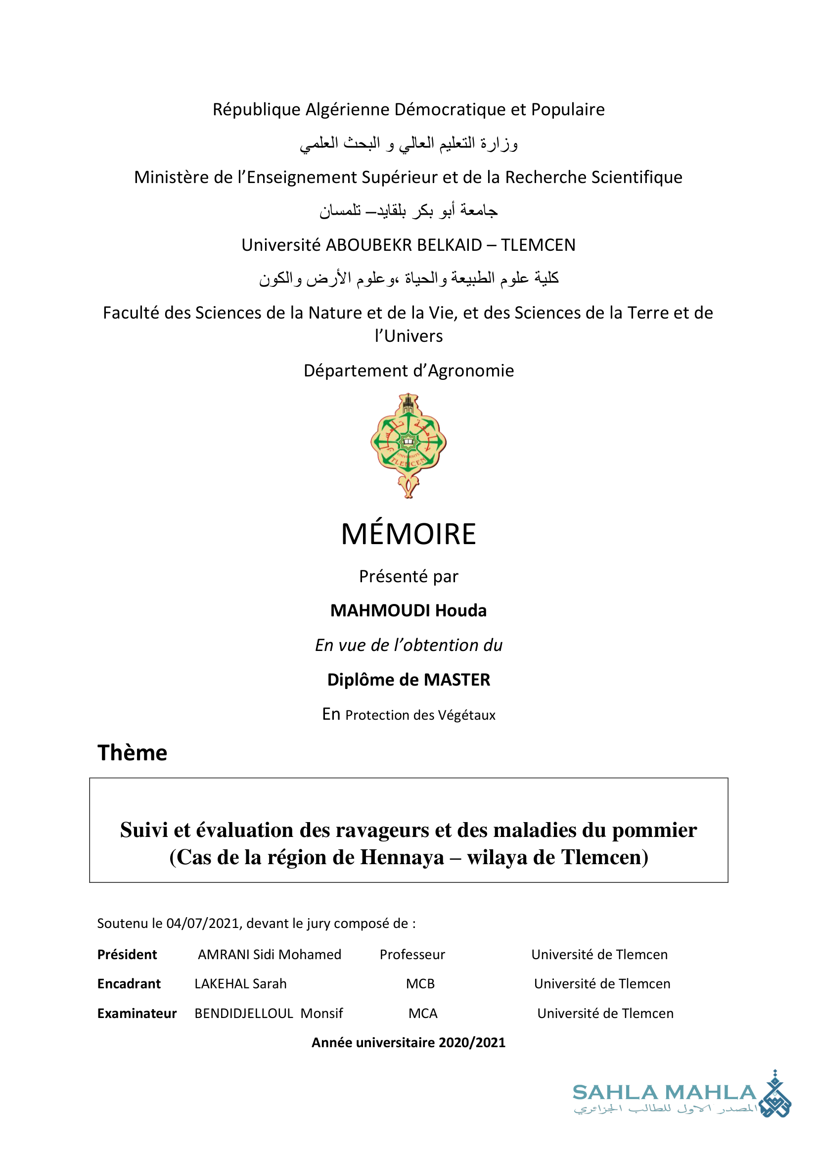 Suivi et évaluation des ravageurs et des maladies du pommier (Cas de la région de Hennaya – wilaya de Tlemcen)