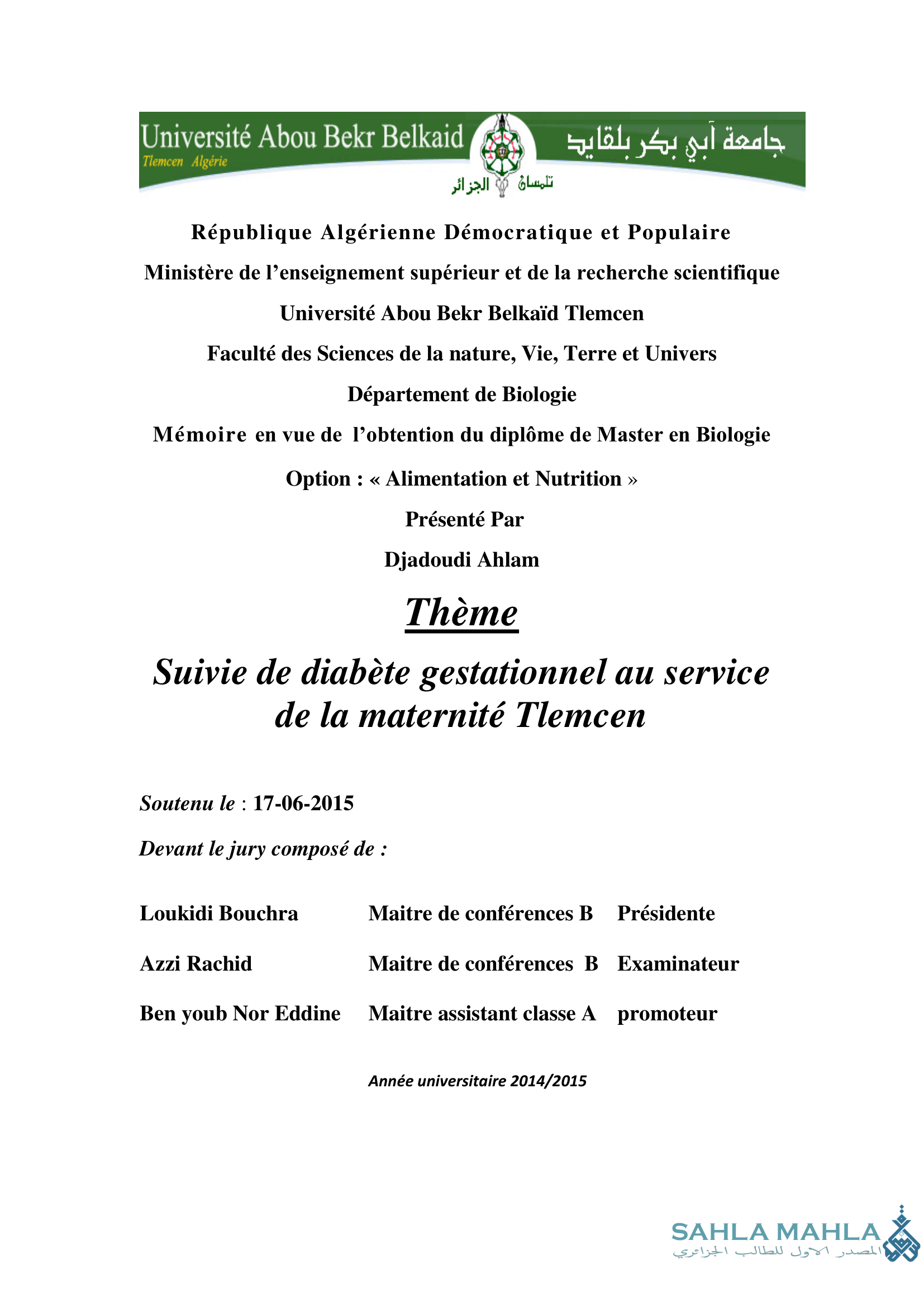 Suivie de diabète gestationnel au service de la maternité Tlemcen