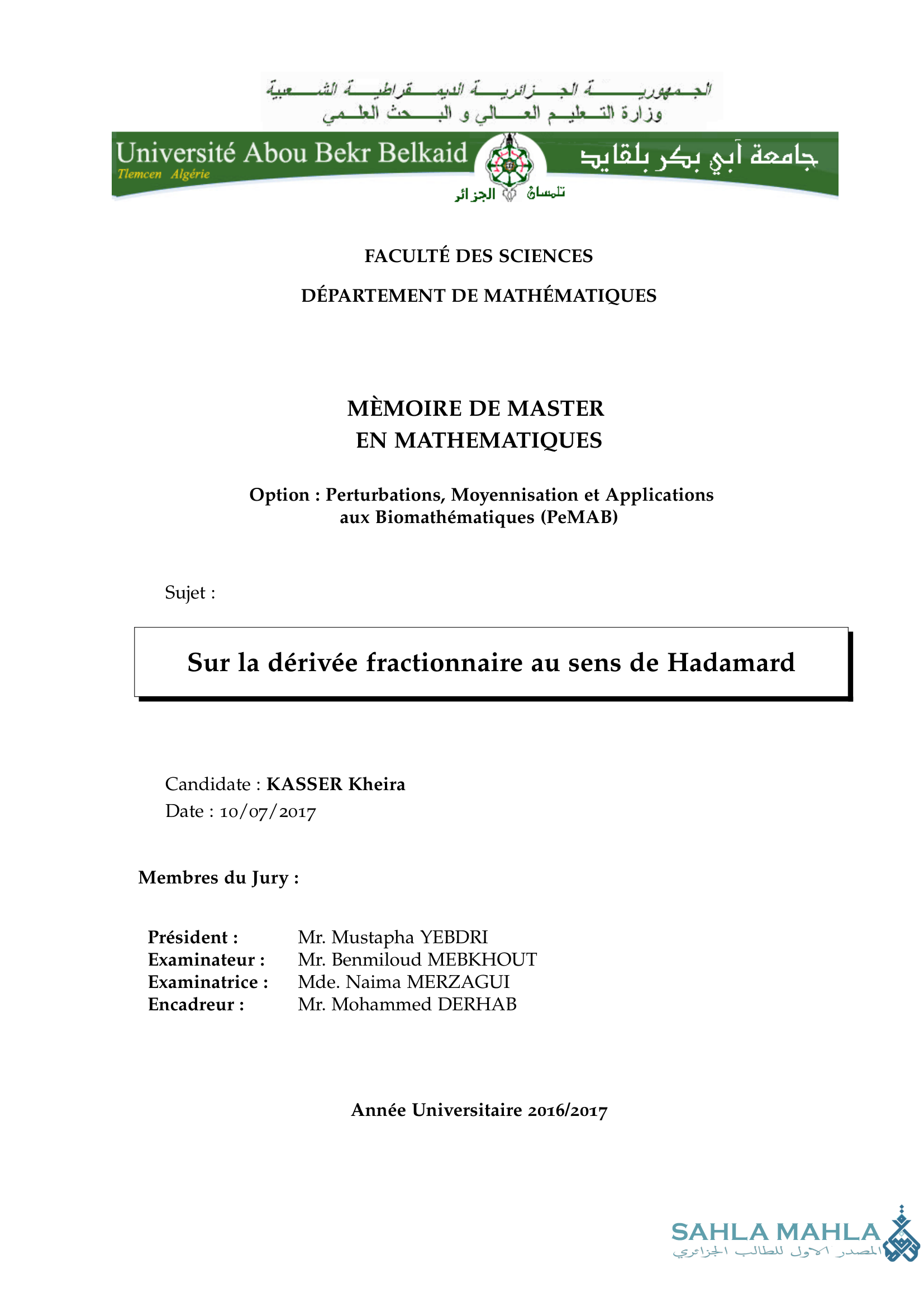 Sur la dérivée fractionnaire au sens de Hadamard