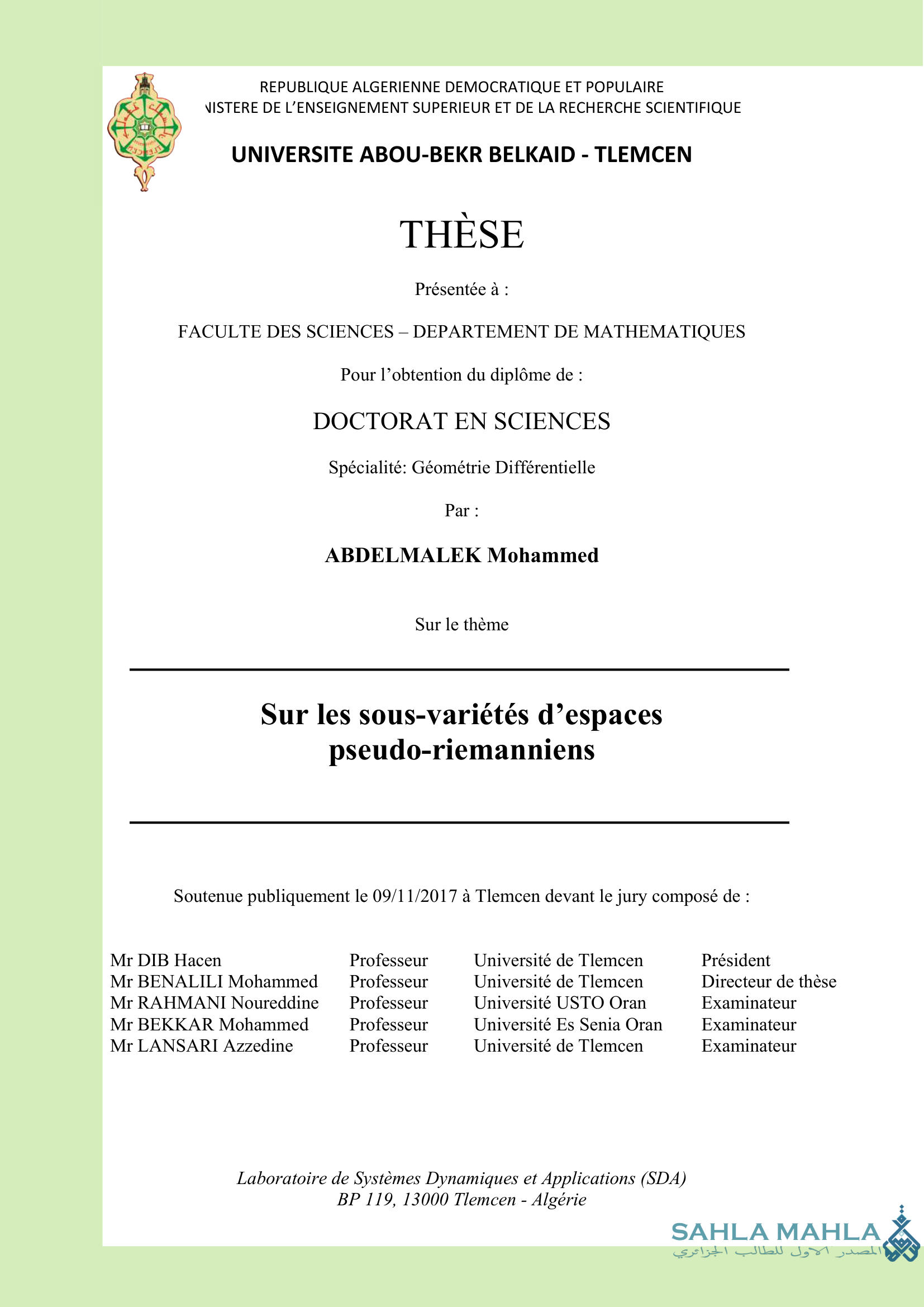 Sur les sous-variétés d'espaces pseudo-riemanniens