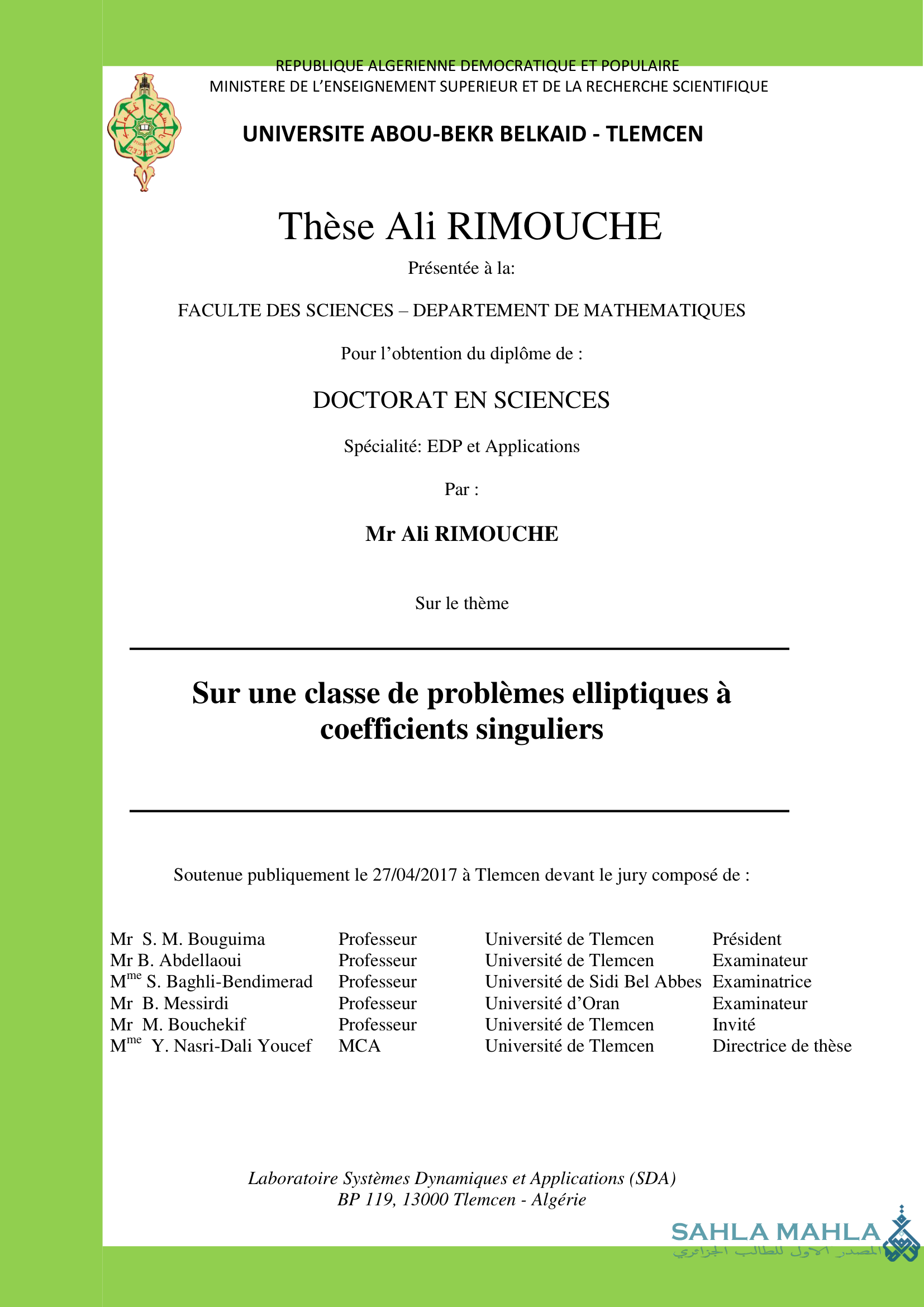 Sur une classe de problèmes elliptiques à coefficients singuliers