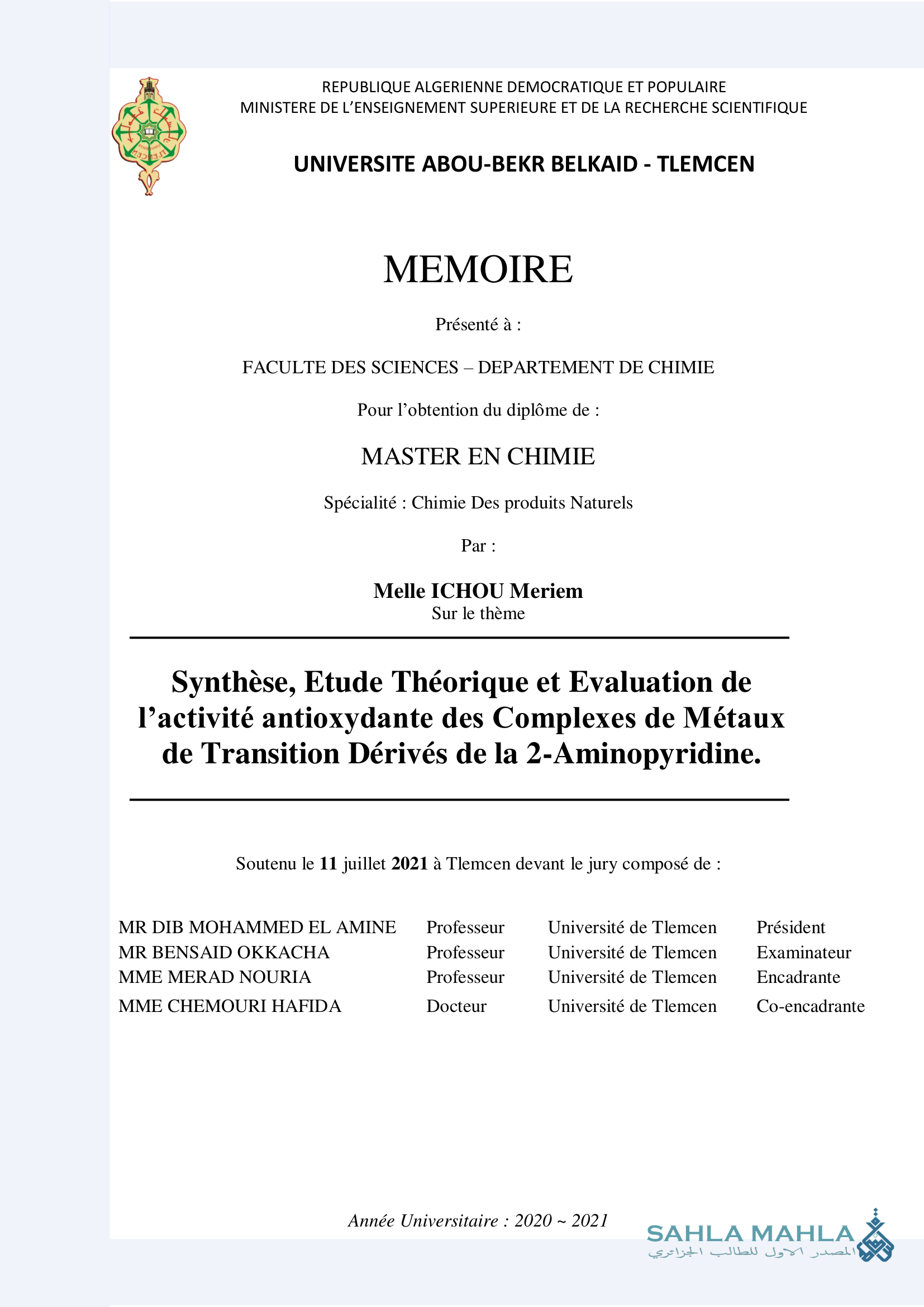 Synthèse, Etude Théorique et Evaluation de l'activité antioxydante des Complexes de Métaux de Transition Dérivés de la 2-Aminopyridine.