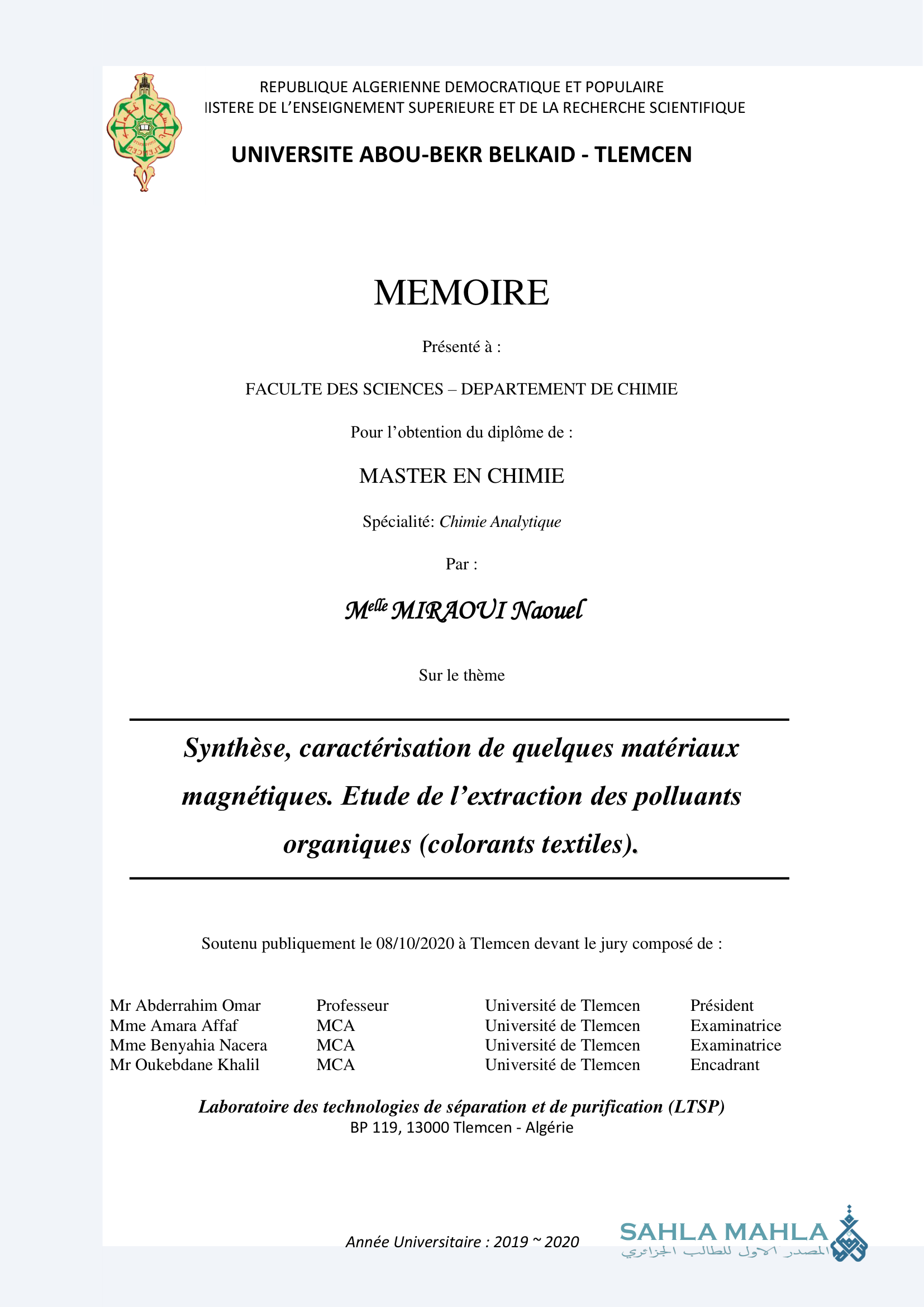 Synthèse, caractérisation de quelques matériaux magnétiques. Etude de l'extraction des polluants organiques (colorants textiles).