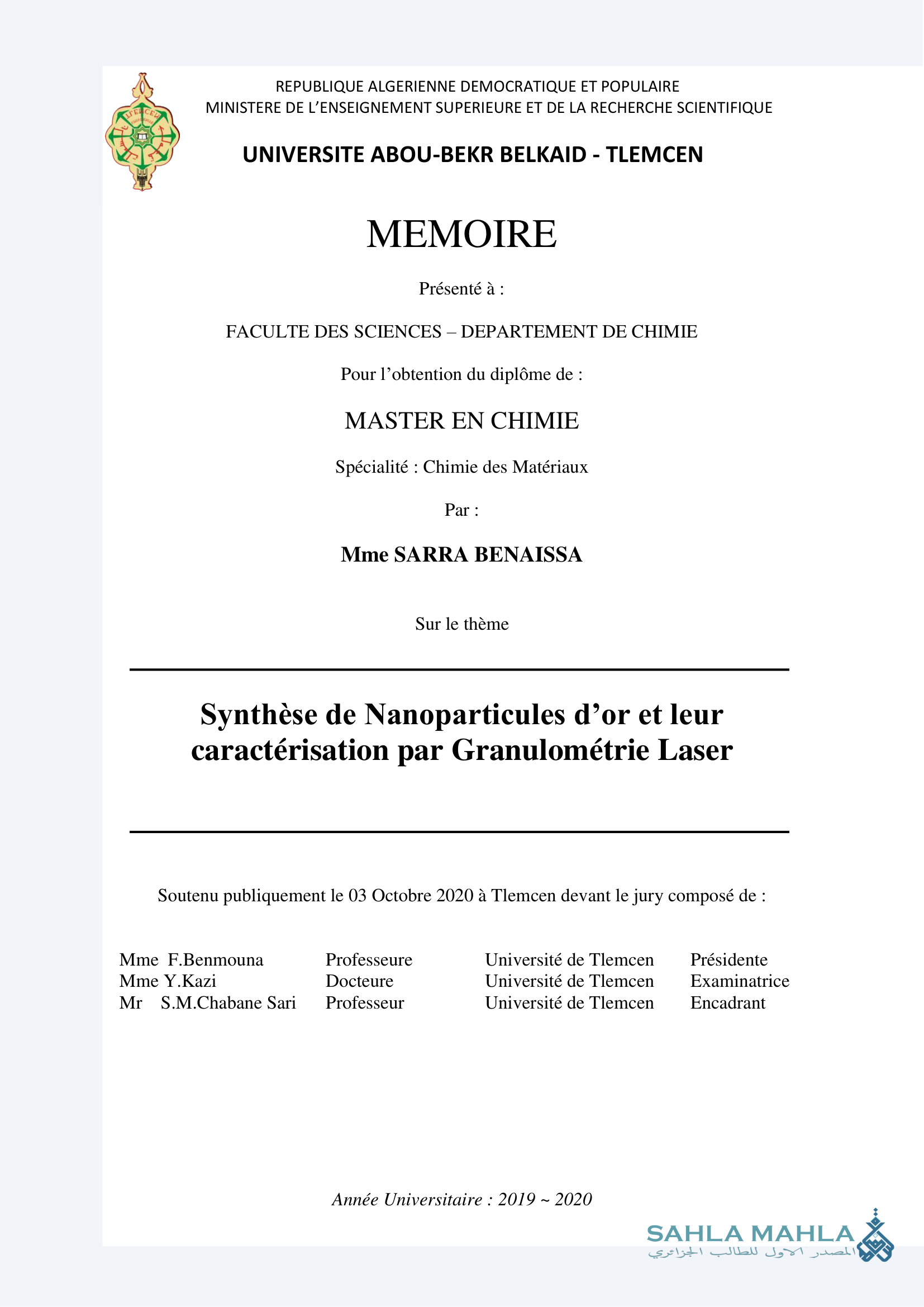 Synthèse de Nanoparticules d'or et leur caractérisation par Granulométrie Laser