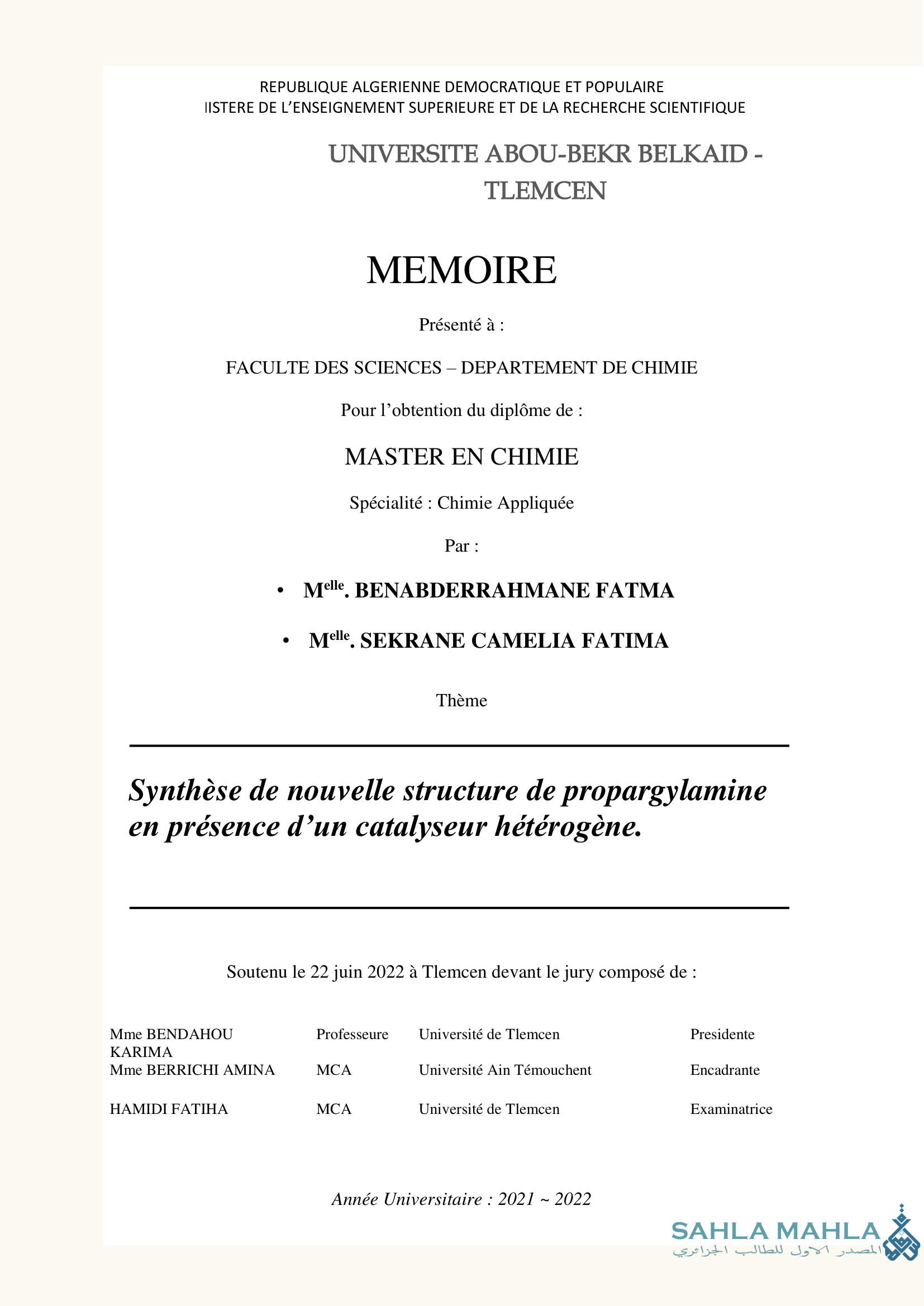 Synthèse de nouvelle structure de propargylamine en présence d'un catalyseur hétérogène.