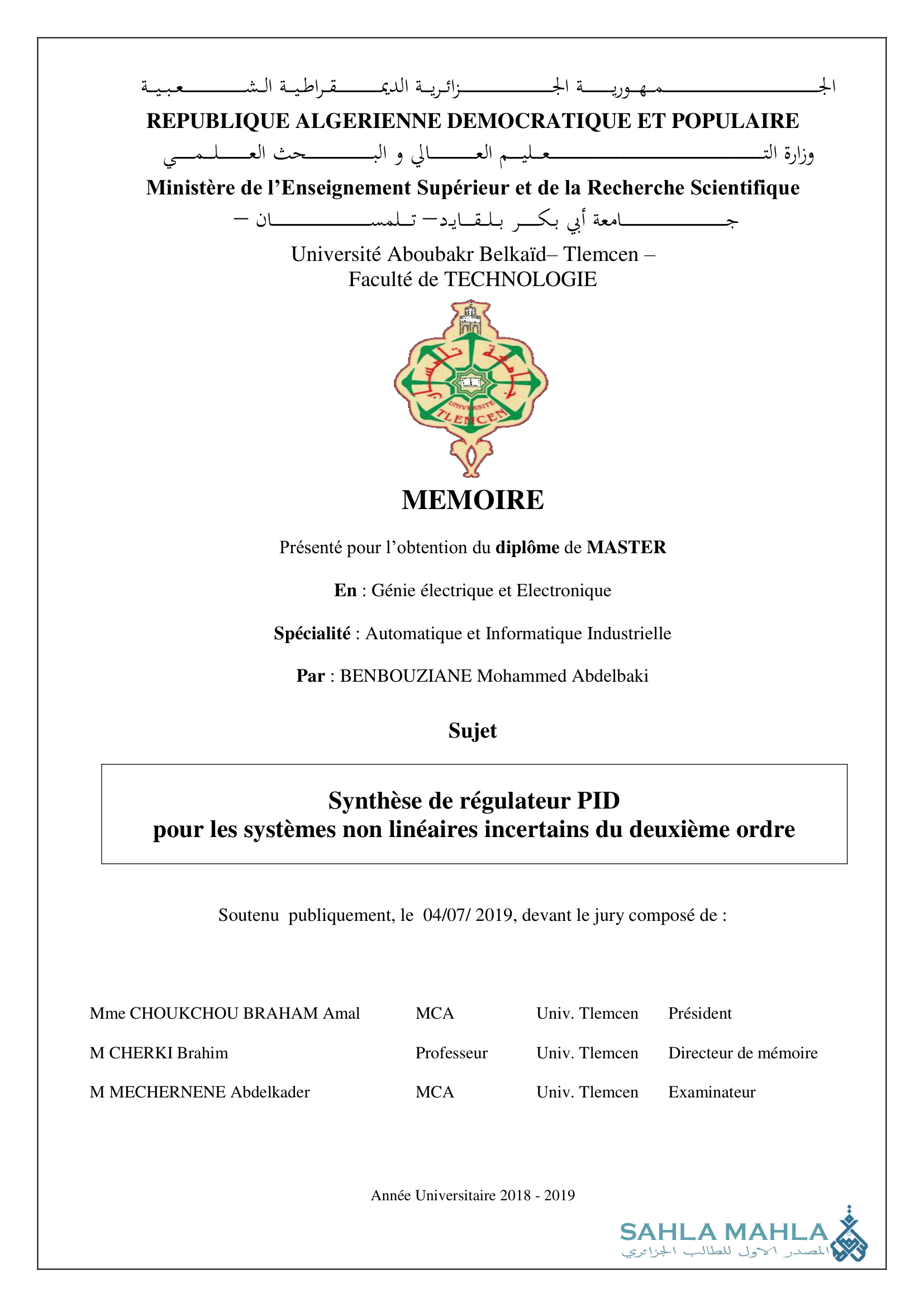 Synthèse de régulateur PID pour les systèmes non linéaires incertains du deuxième ordre