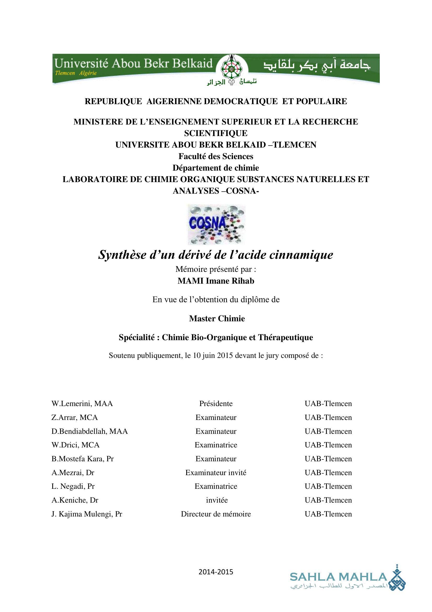 Synthèse d'un dérivé de l'acide cinnamique