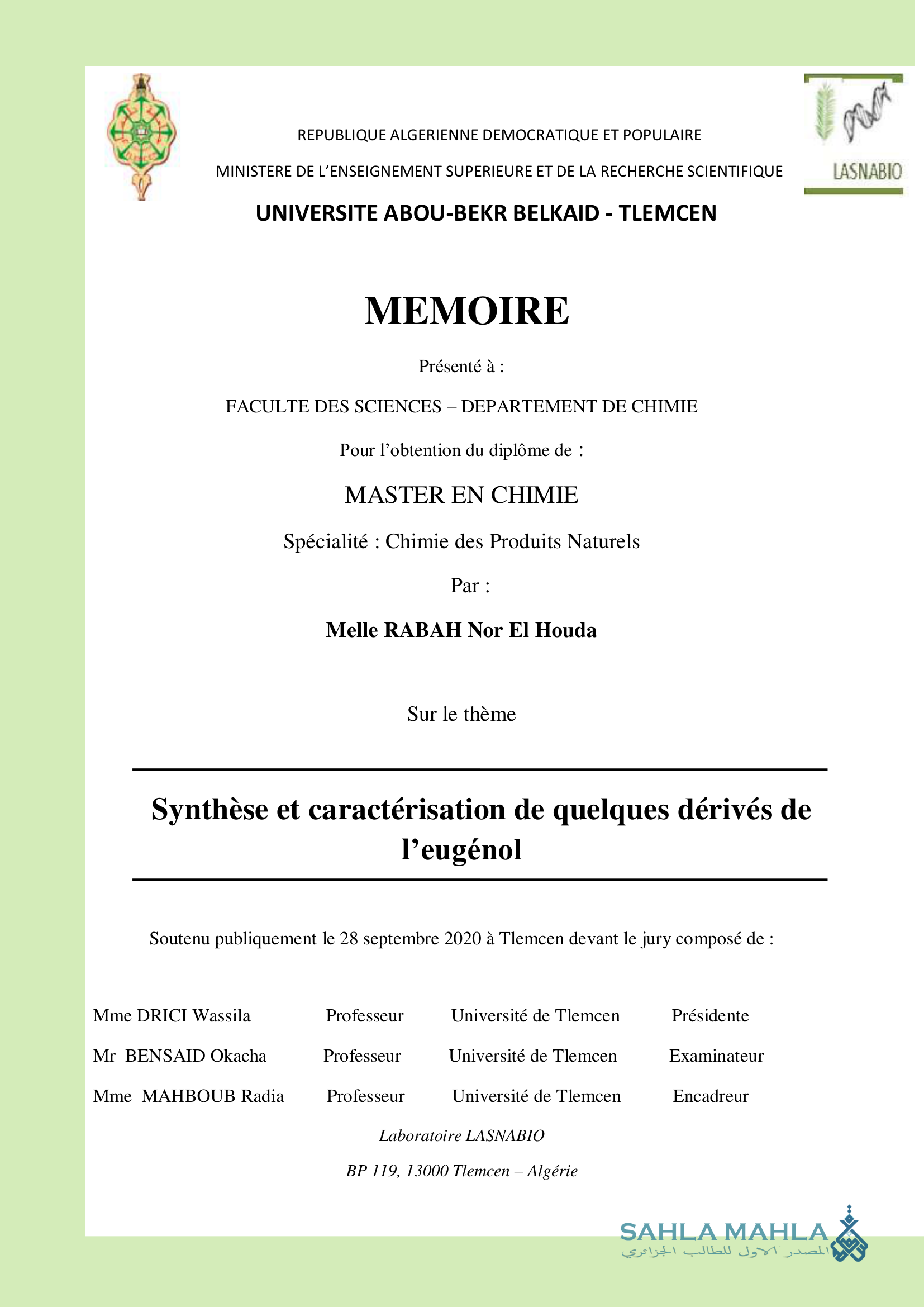 Synthèse et caractérisation de quelques dérivés de l'eugénol