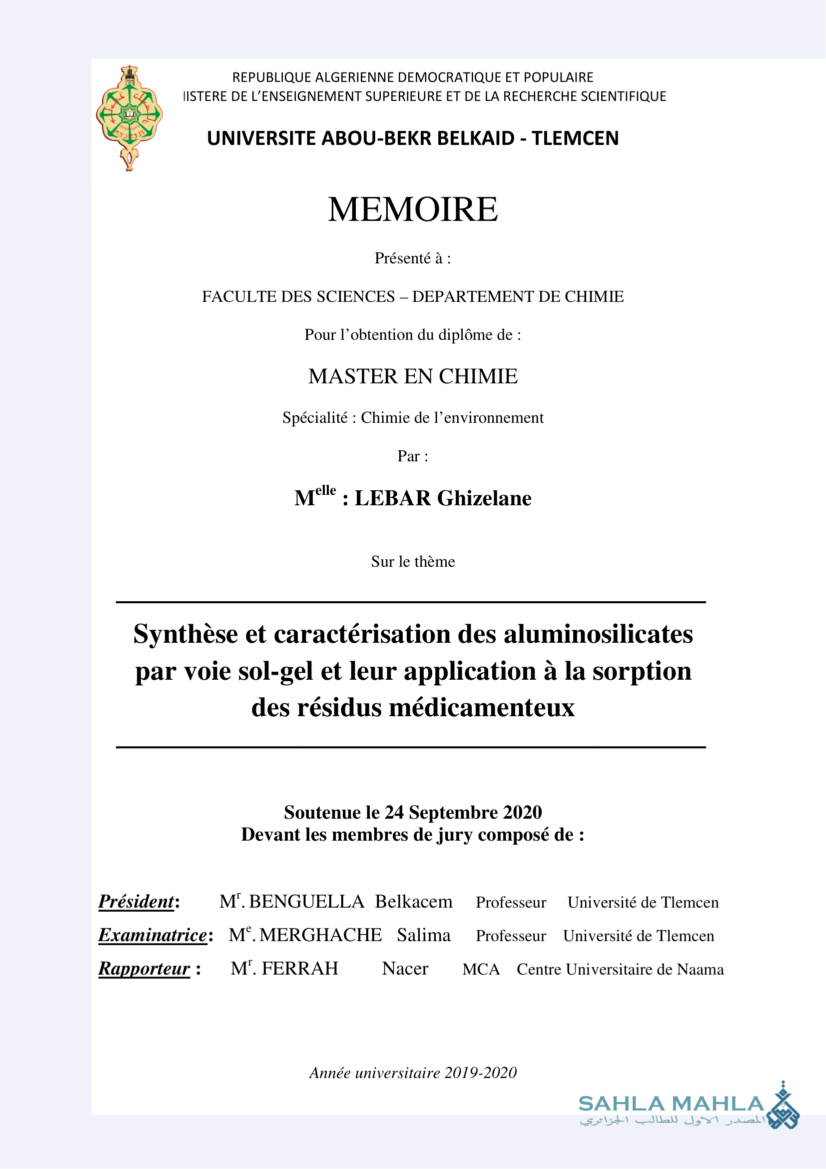 Synthèse et caractérisation des aluminosilicates par voie sol-gel et leur application à la sorption des résidus médicamenteux