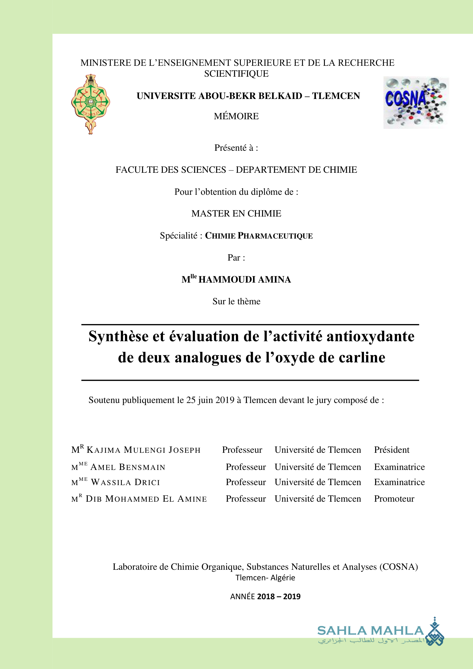 Synthèse et évaluation de l'activité antioxydante de deux analogues de l'oxyde de carline