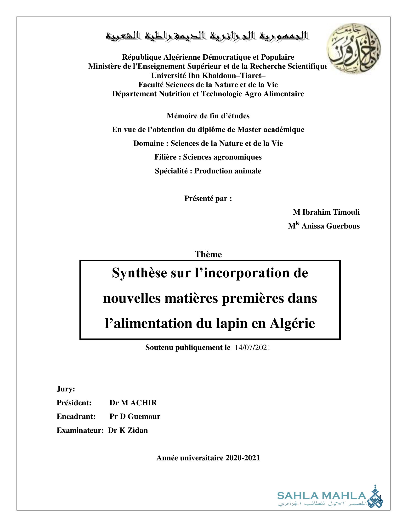 Synthèse sur l'incorporation de nouvelles matières premières dans l'alimentation du lapin en Algérie