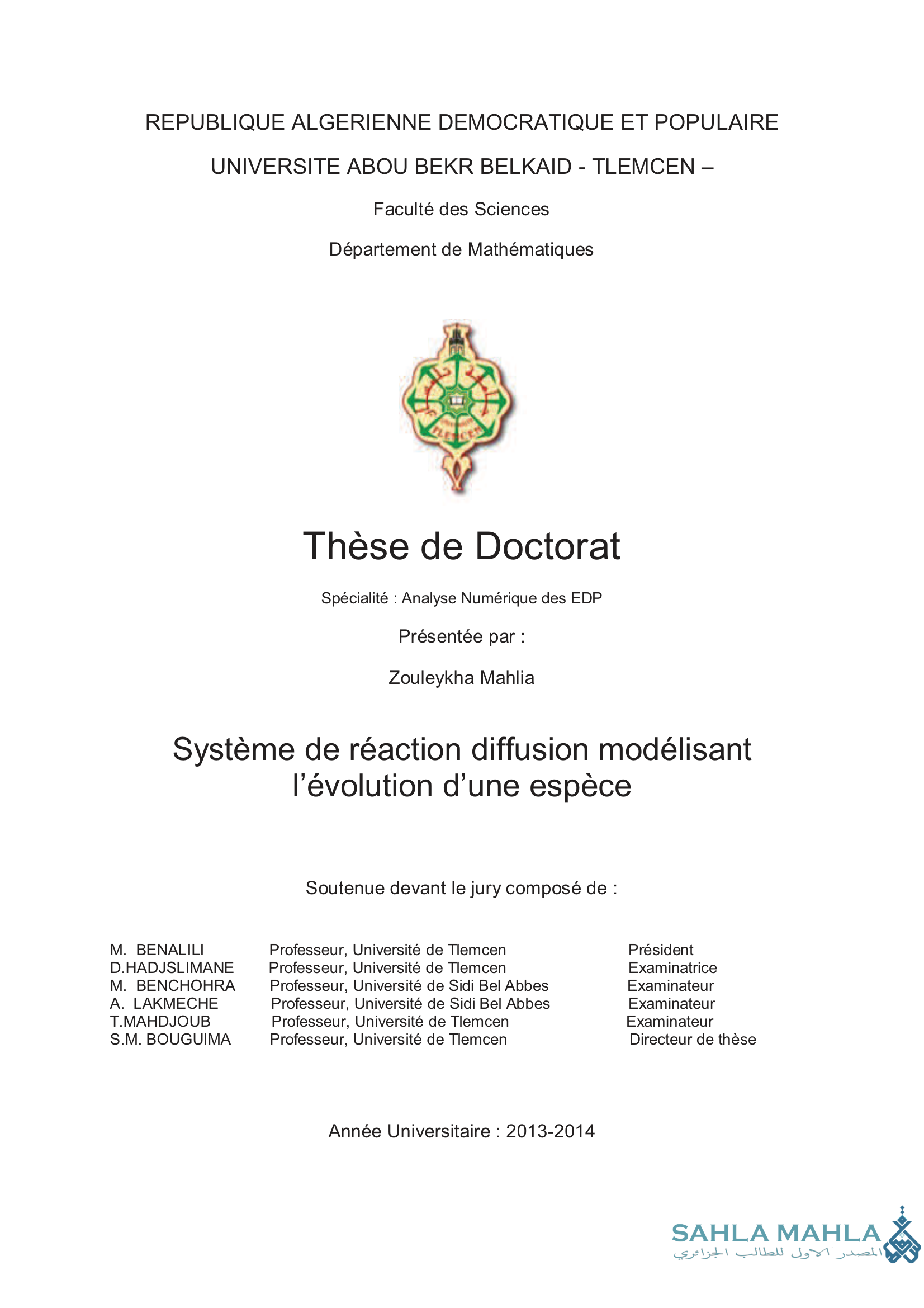 Système de réaction diffusion modélisant l'évolution d'une espèce